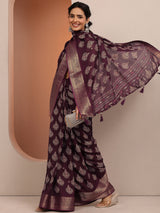 Libas Maroon Printed Silk Blend Saree With Unstitched Blouse Piece