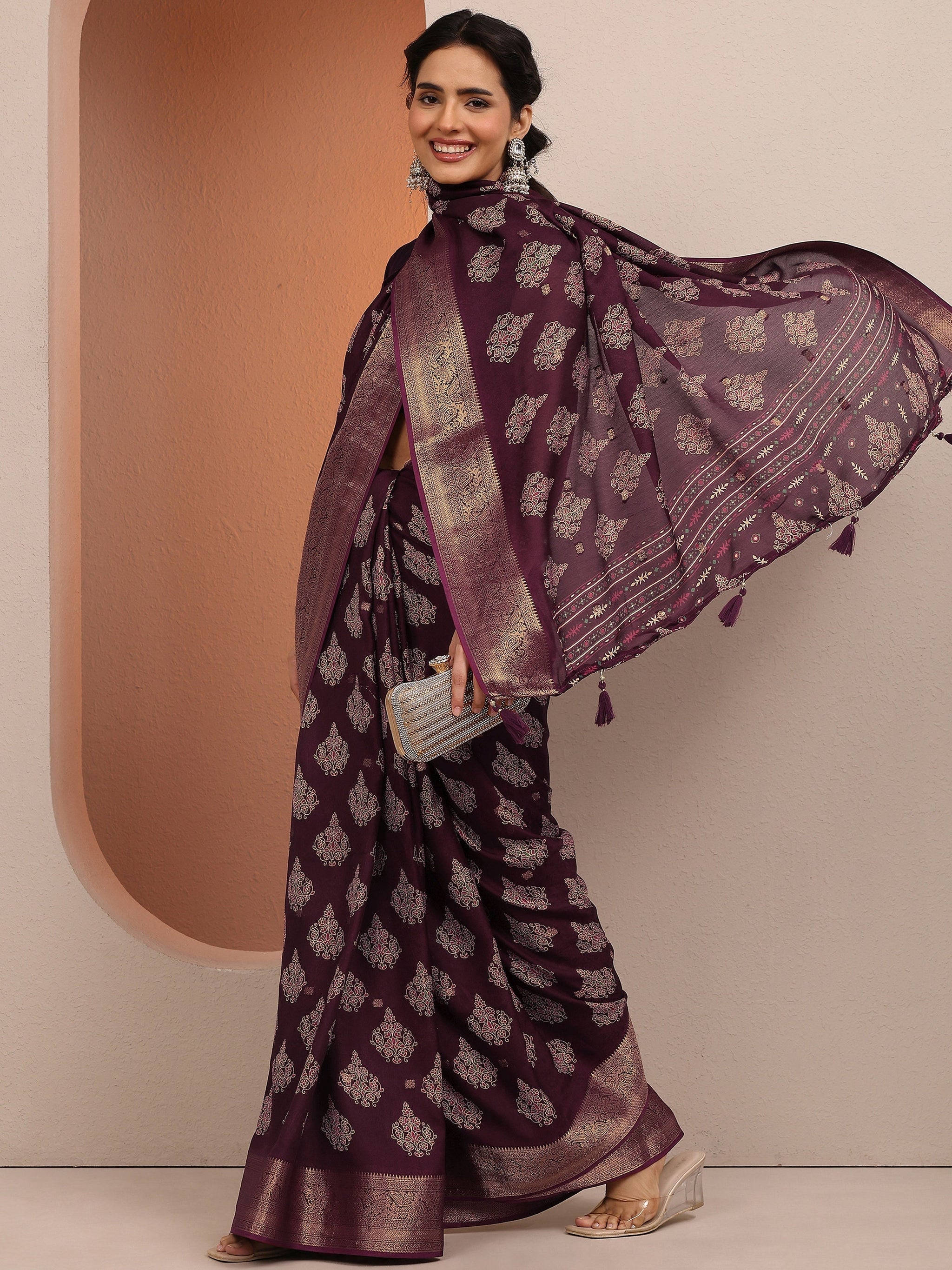 Libas Maroon Printed Silk Blend Saree With Unstitched Blouse Piece
