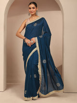 Libas Blue Embellished Silk Blend Saree With Unstitched Blouse Piece