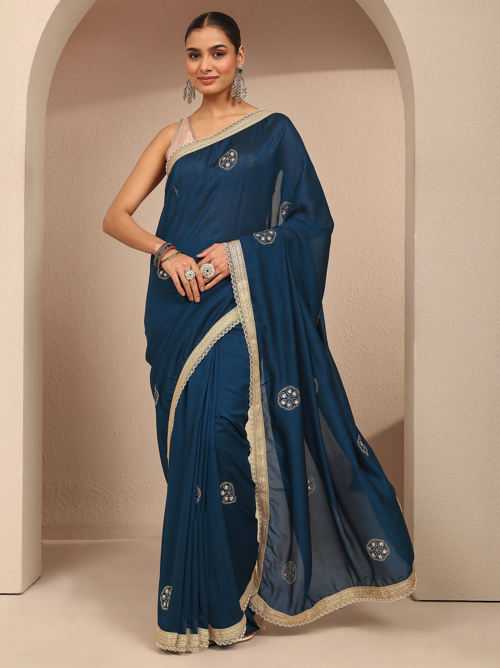 Libas Blue Embellished Silk Blend Saree With Unstitched Blouse Piece