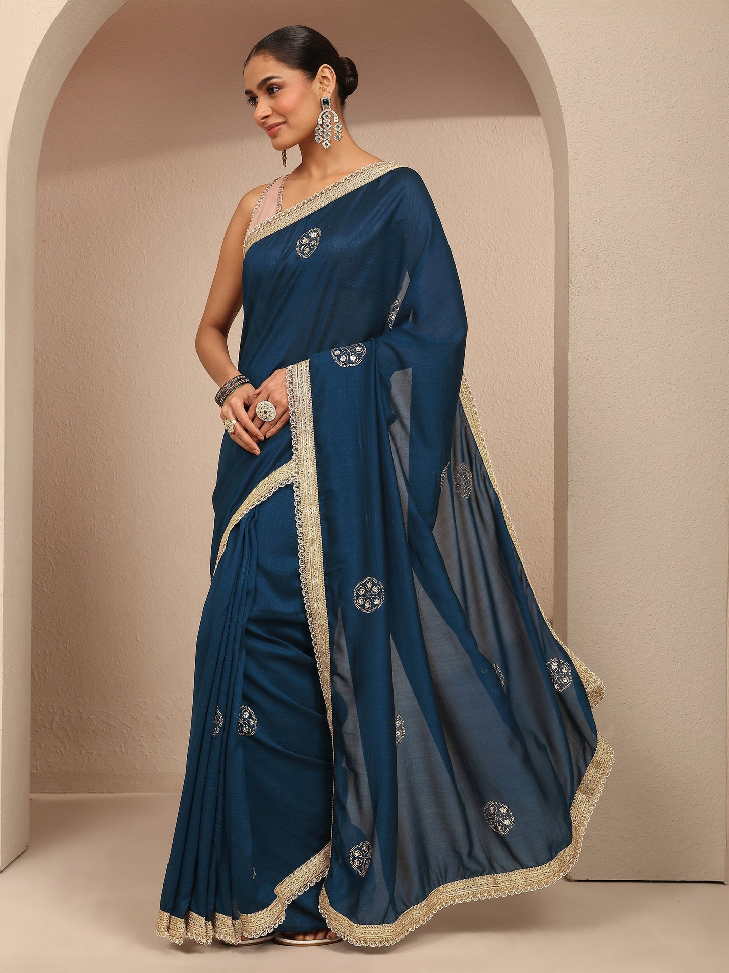 Libas Blue Embellished Silk Blend Saree With Unstitched Blouse Piece