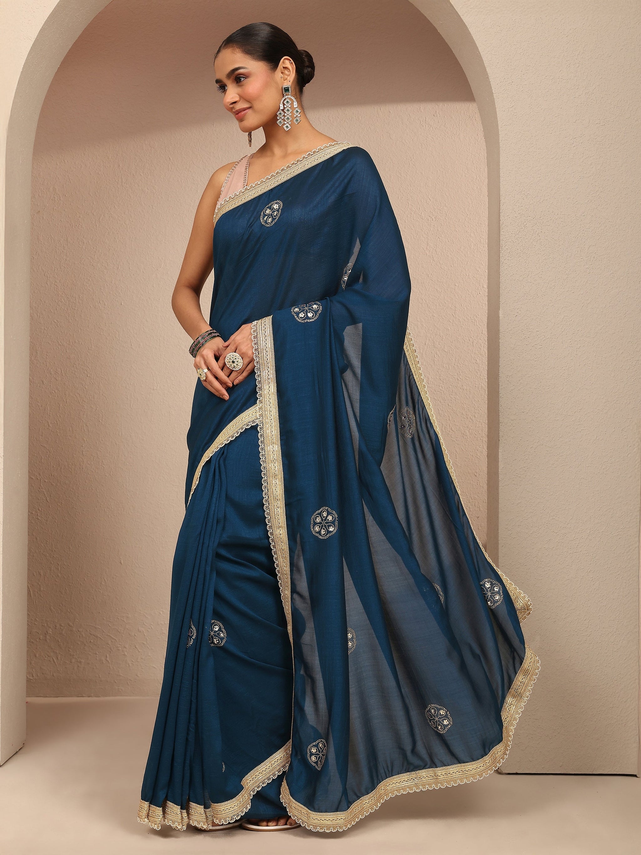 Libas Blue Embellished Silk Blend Saree With Unstitched Blouse Piece