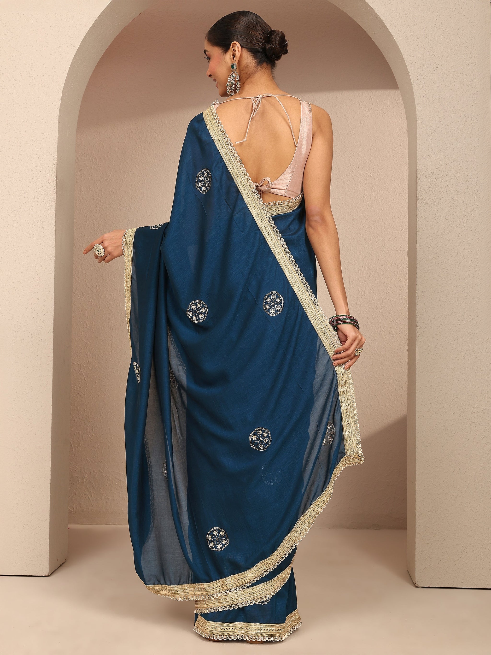 Libas Blue Embellished Silk Blend Saree With Unstitched Blouse Piece