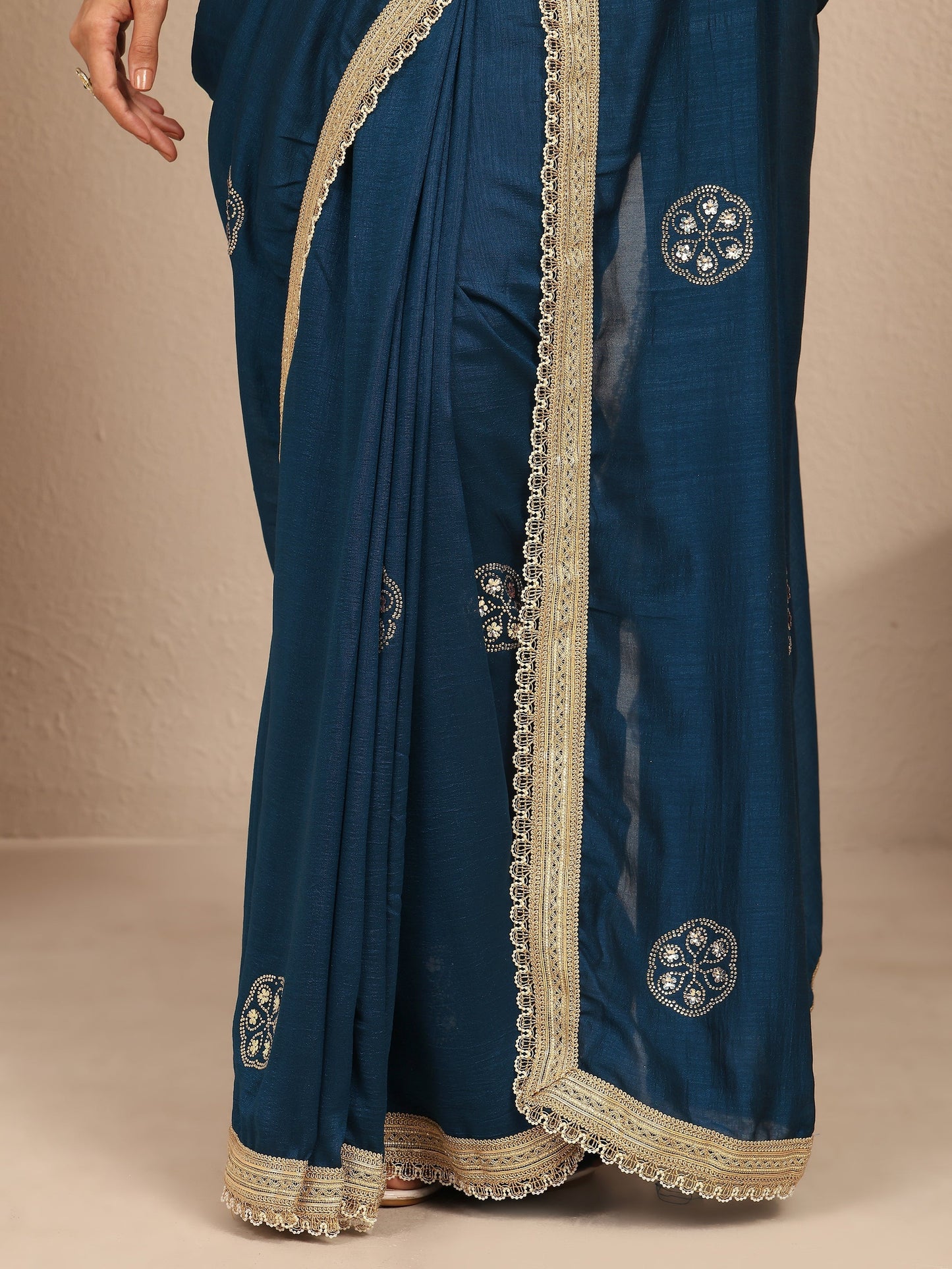Libas Blue Embellished Silk Blend Saree With Unstitched Blouse Piece
