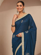 Libas Blue Embellished Silk Blend Saree With Unstitched Blouse Piece