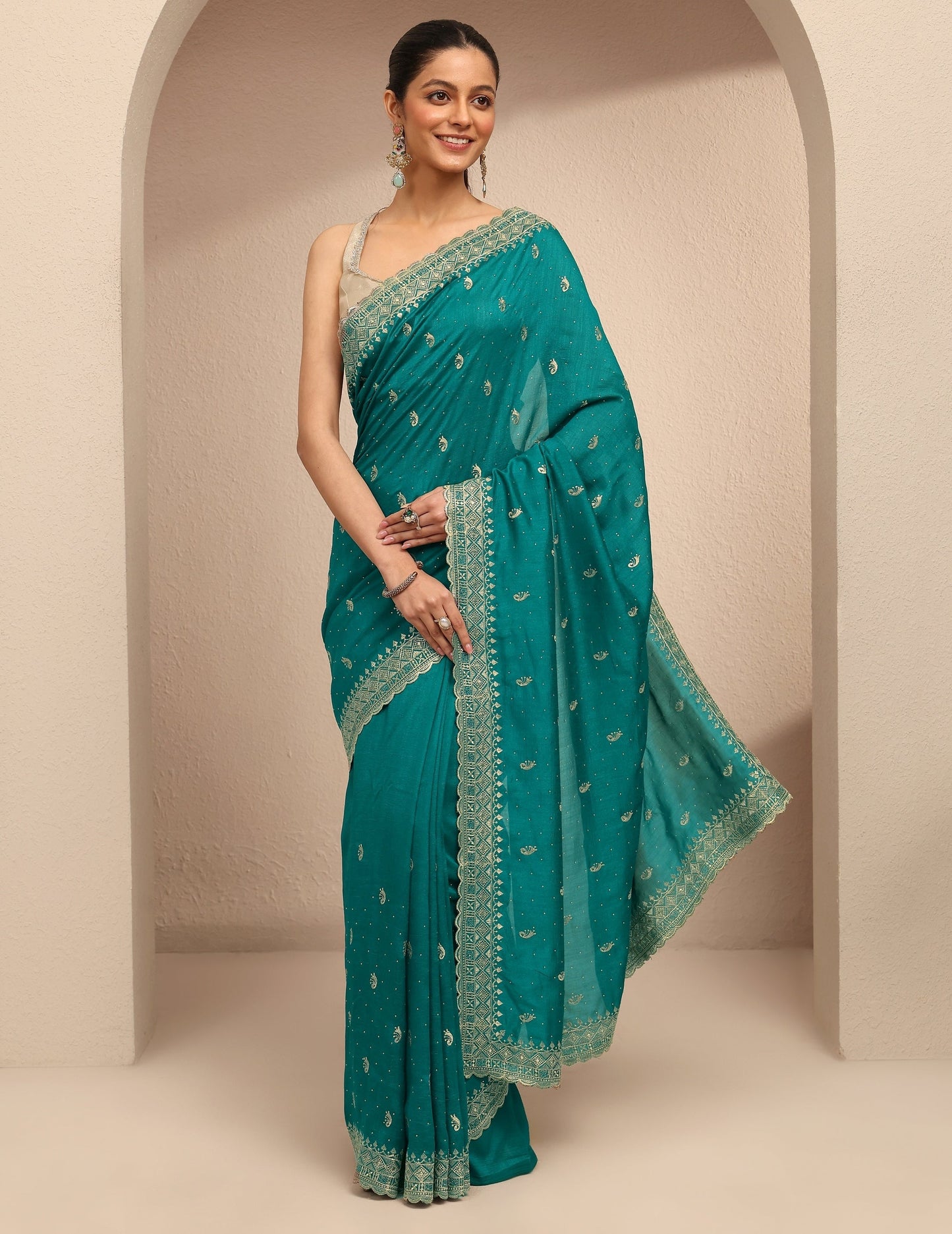 Libas Green Paisley Embroidered Silk Blend Saree With Unstitched Blouse Piece