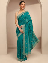 Libas Green Paisley Embroidered Silk Blend Saree With Unstitched Blouse Piece