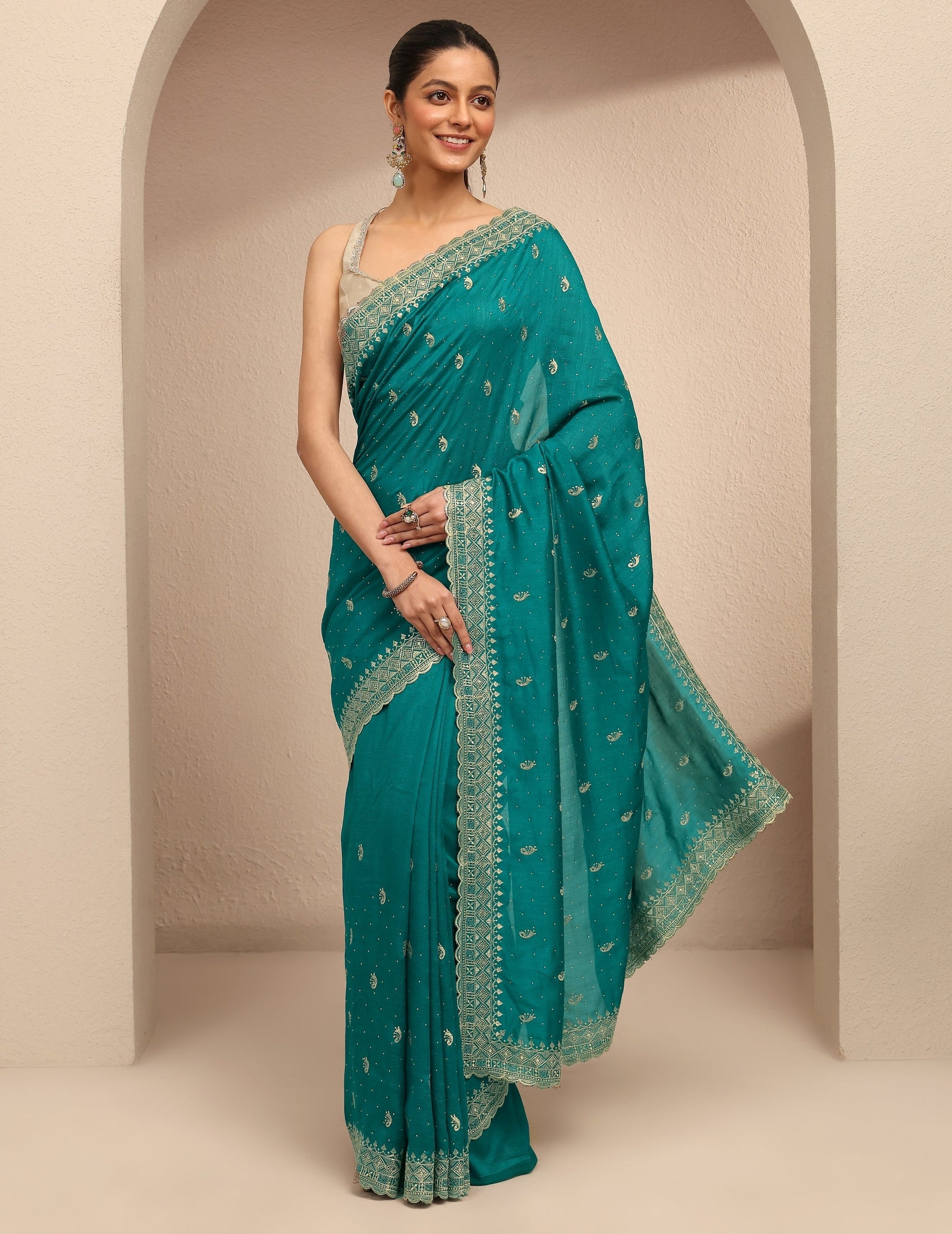 Libas Green Paisley Embroidered Silk Blend Saree With Unstitched Blouse Piece