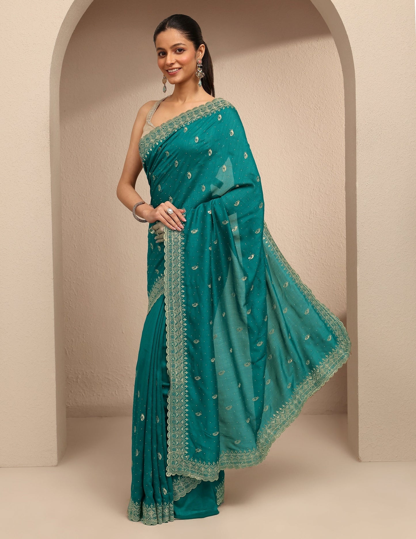 Libas Green Paisley Embroidered Silk Blend Saree With Unstitched Blouse Piece
