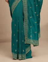 Libas Green Paisley Embroidered Silk Blend Saree With Unstitched Blouse Piece
