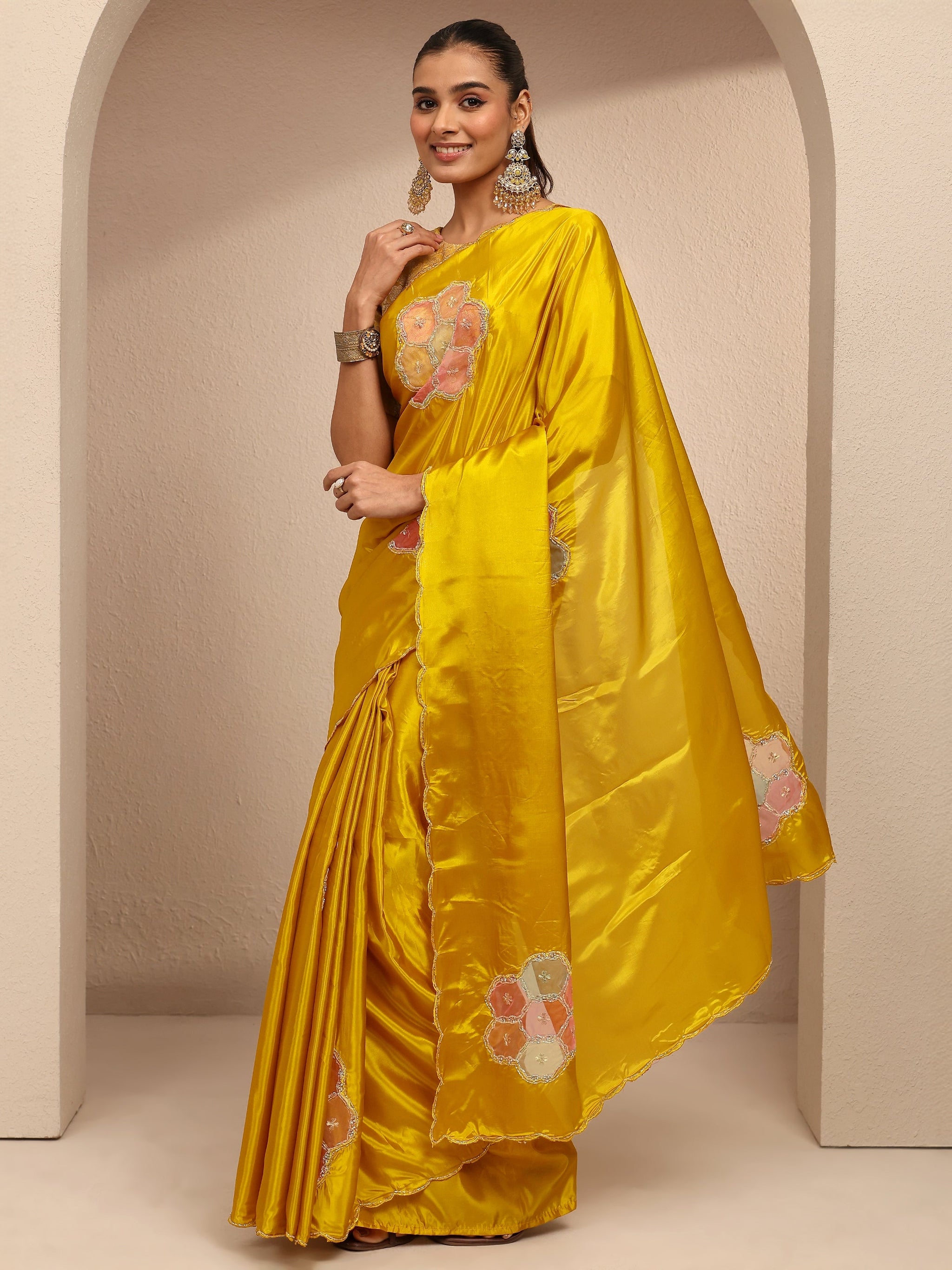 Libas Mustard Geometric Embellished Silk Blend Saree With Unstitched Blouse Piece