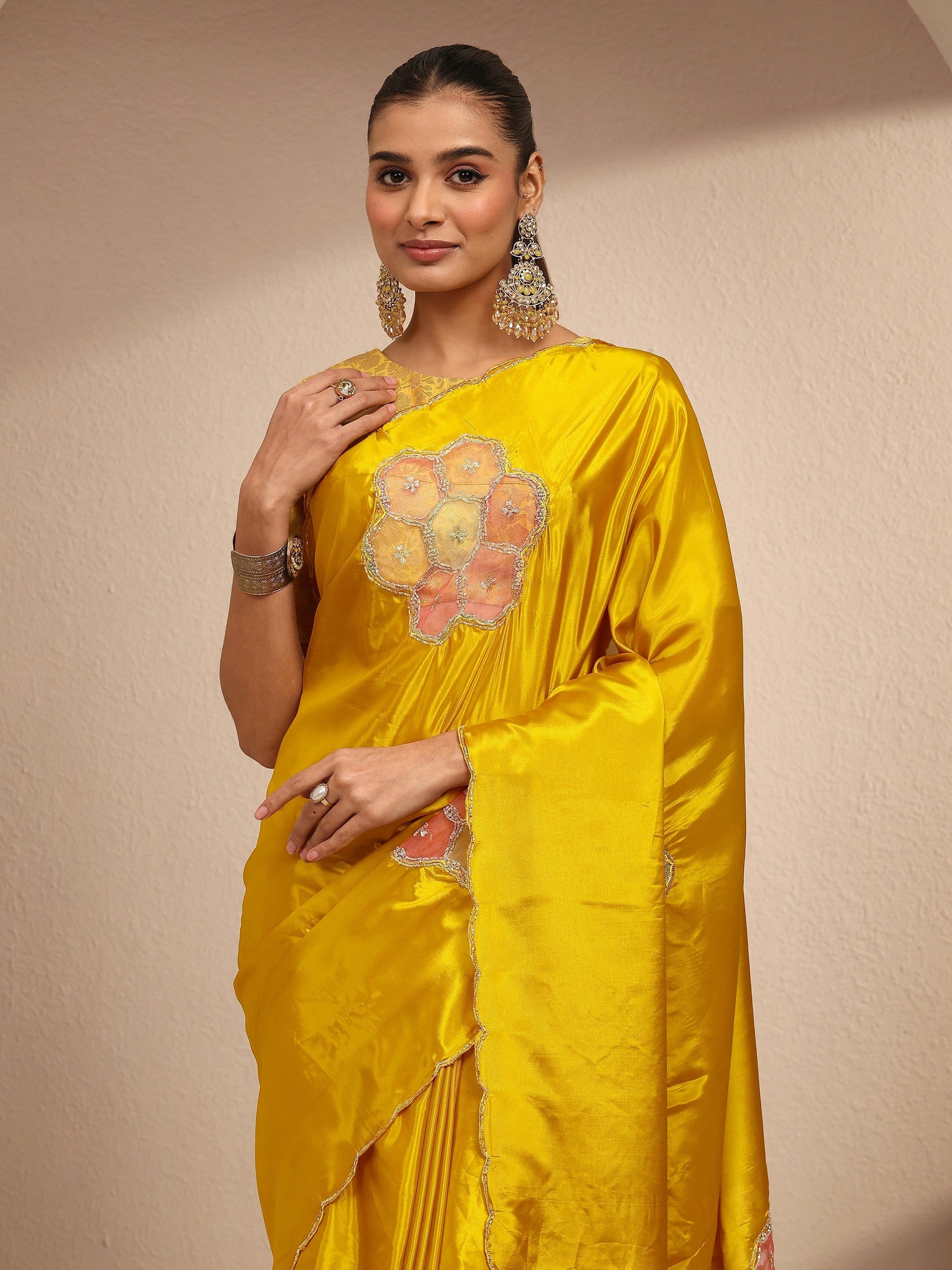Libas Mustard Geometric Embellished Silk Blend Saree With Unstitched Blouse Piece