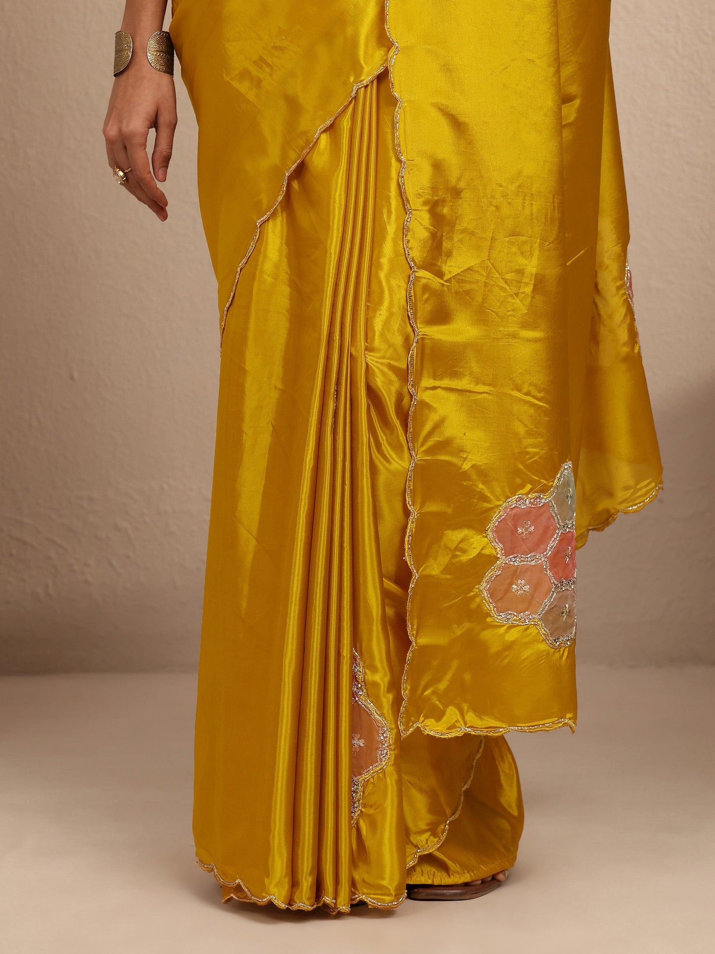 Libas Mustard Geometric Embellished Silk Blend Saree With Unstitched Blouse Piece