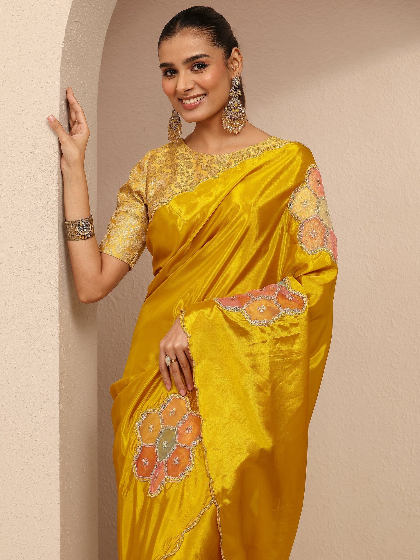 Libas Mustard Geometric Embellished Silk Blend Saree With Unstitched Blouse Piece