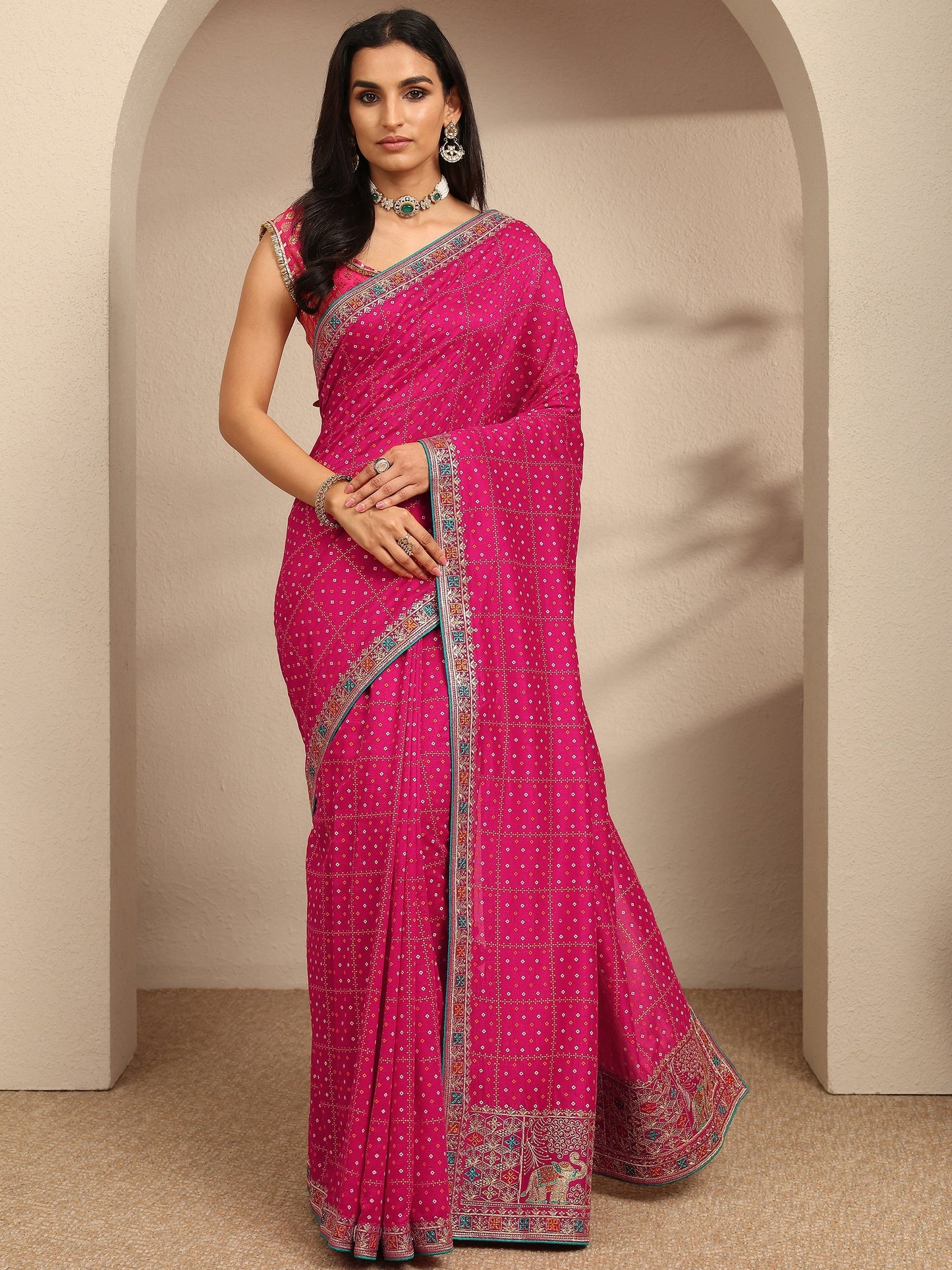 Libas Pink Bandhani Printed Silk Blend Saree With Unstitched Blouse Piece