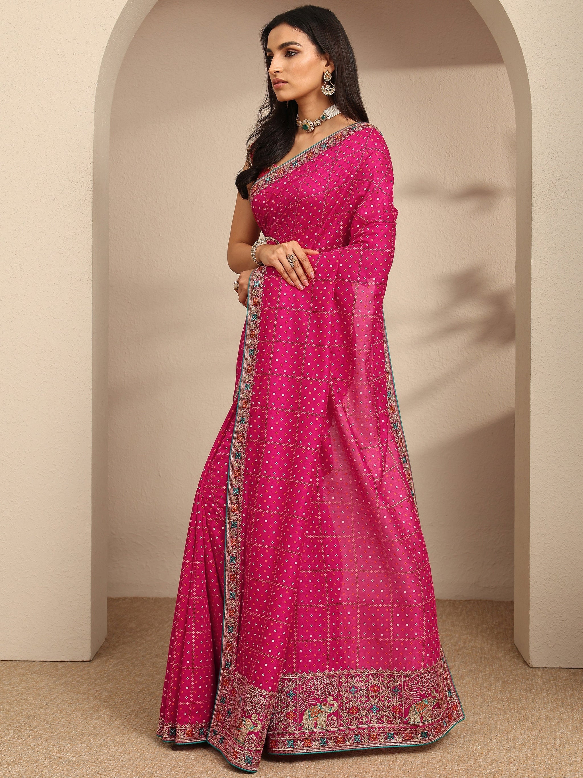 Libas Pink Bandhani Printed Silk Blend Saree With Unstitched Blouse Piece