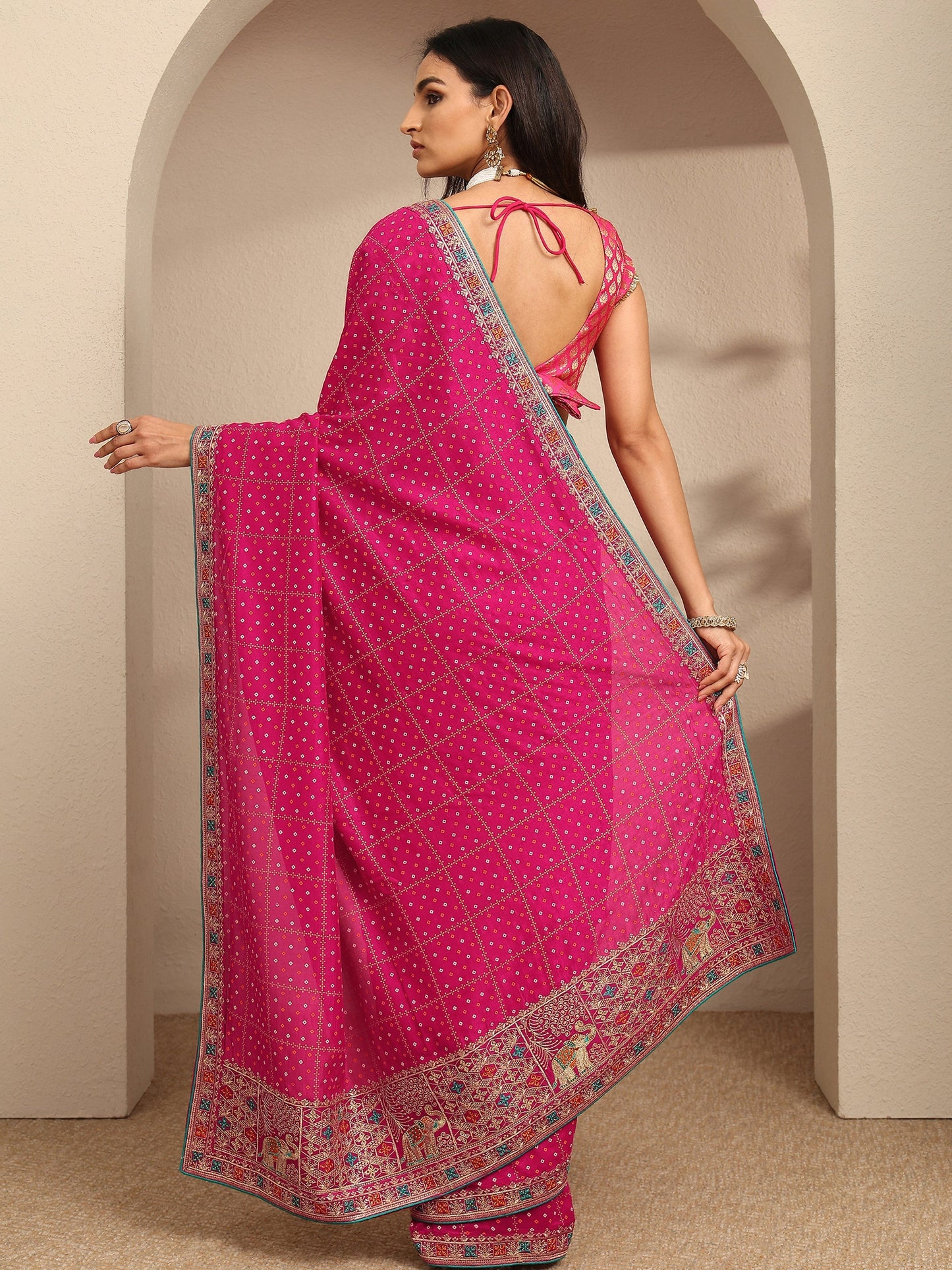 Libas Pink Bandhani Printed Silk Blend Saree With Unstitched Blouse Piece