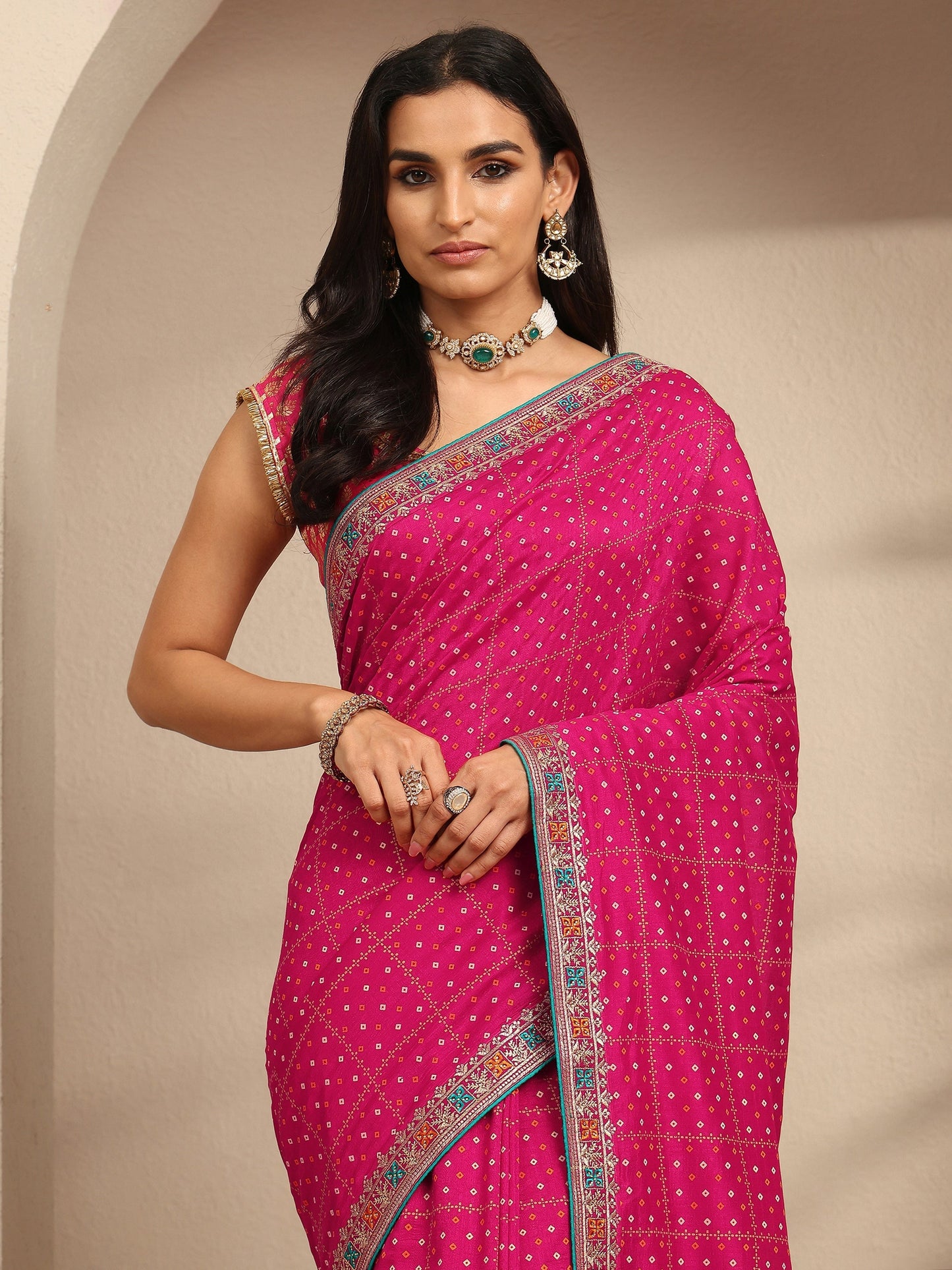 Libas Pink Bandhani Printed Silk Blend Saree With Unstitched Blouse Piece