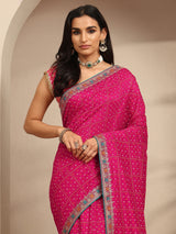 Libas Pink Bandhani Printed Silk Blend Saree With Unstitched Blouse Piece