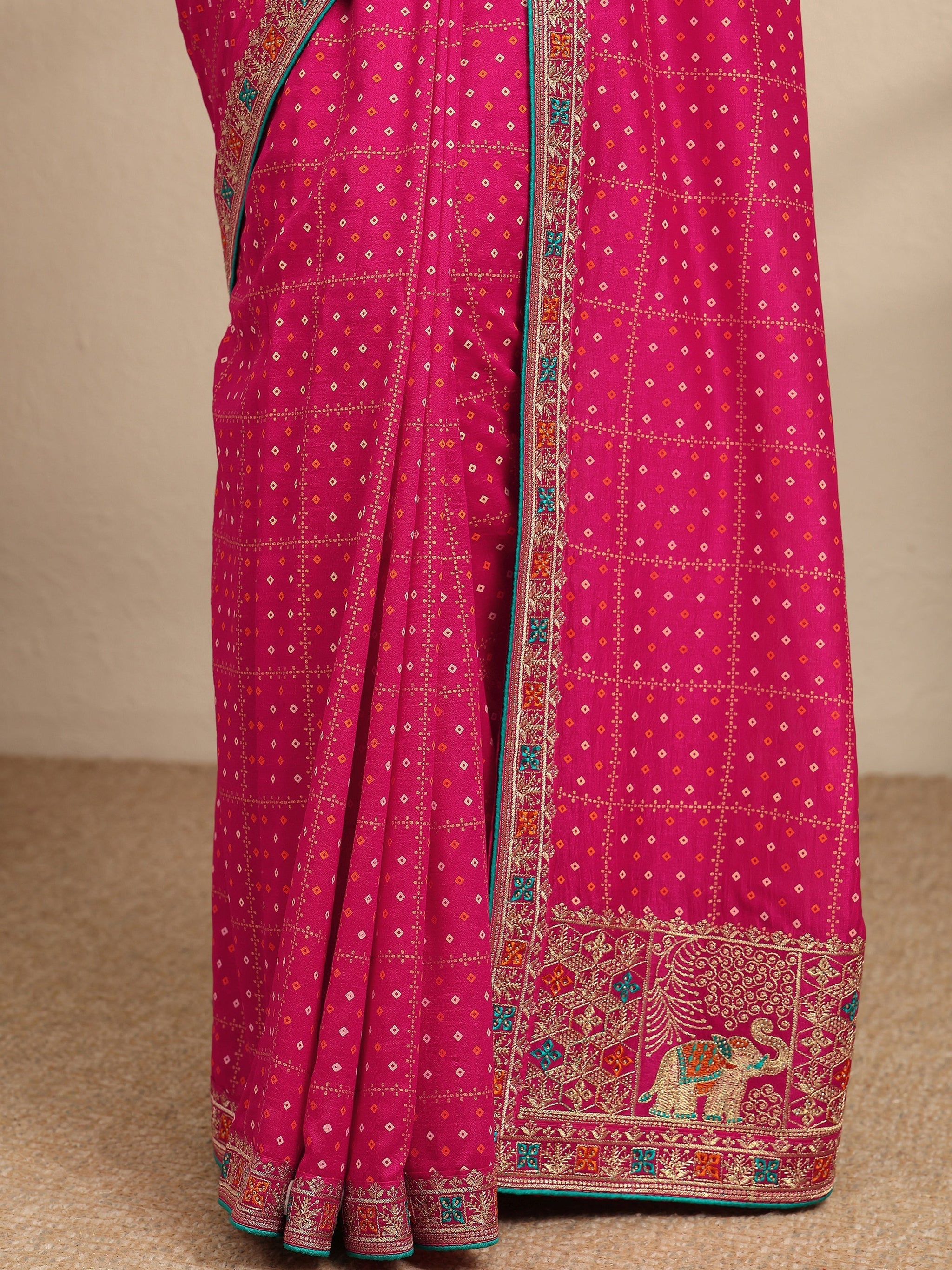 Libas Pink Bandhani Printed Silk Blend Saree With Unstitched Blouse Piece
