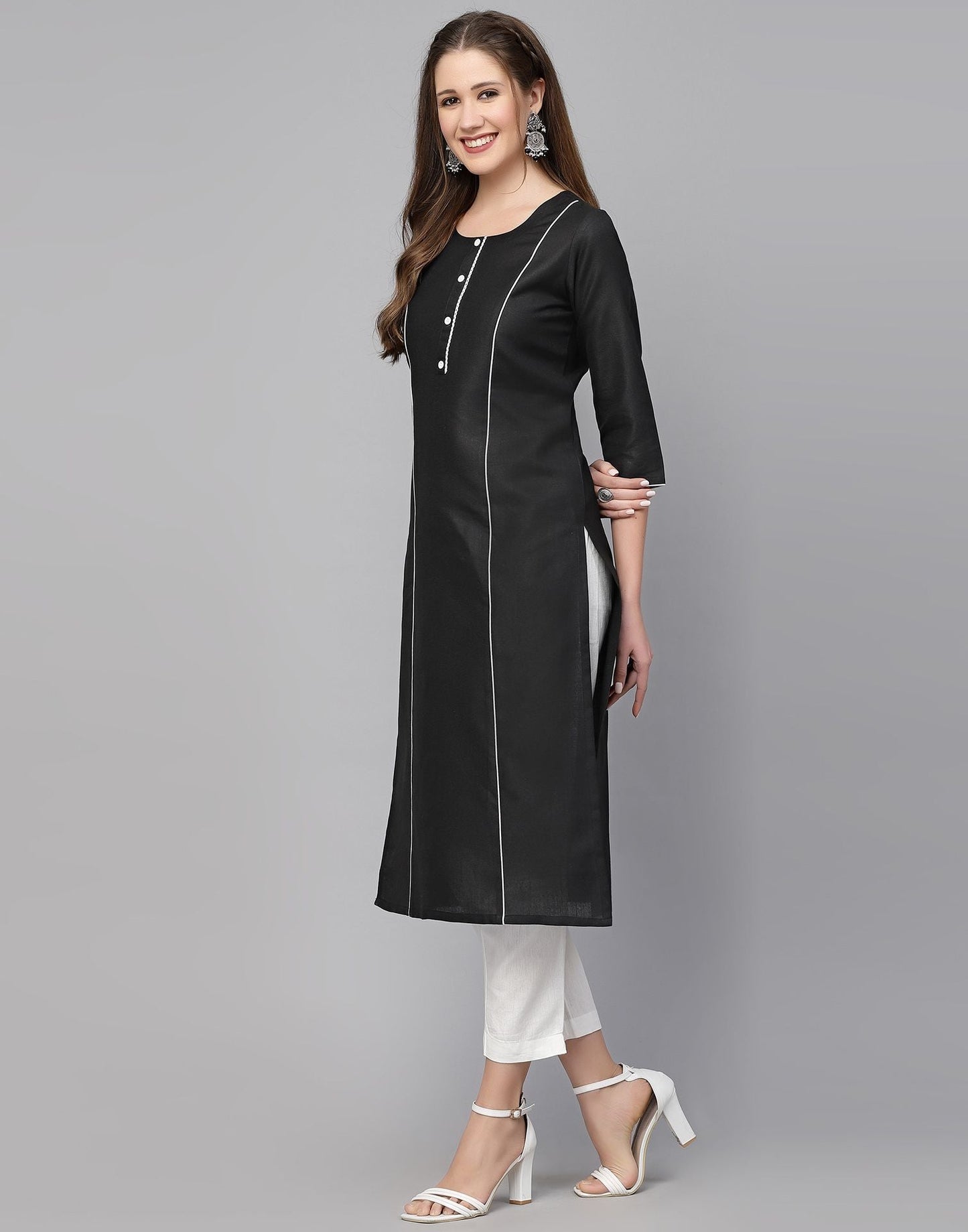 Black Cotton Plain Straight Kurta