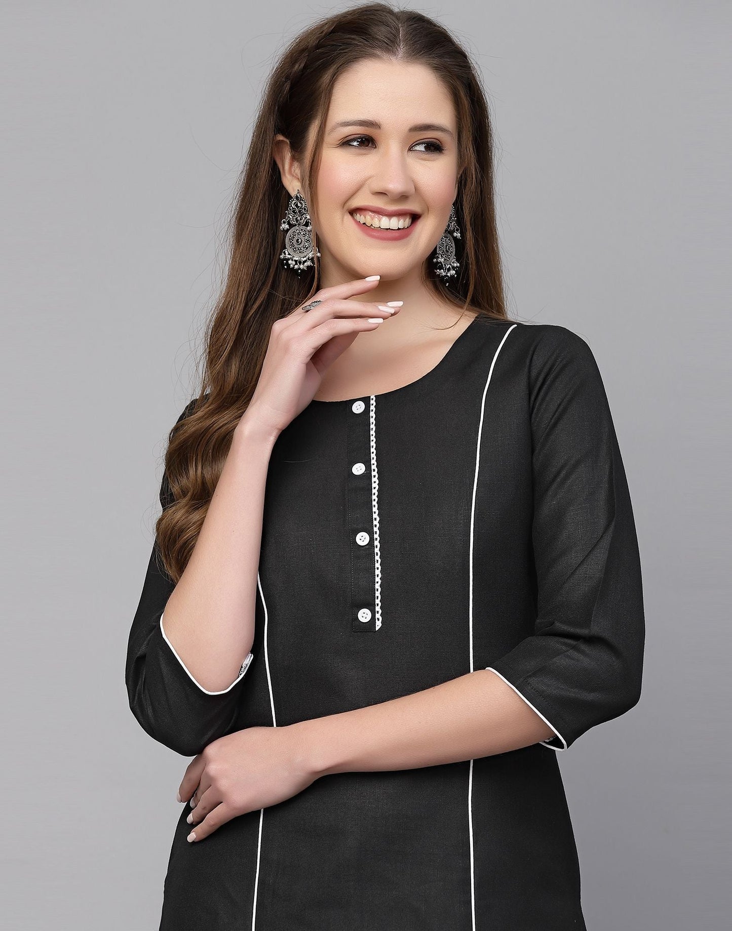 Black Cotton Plain Straight Kurta