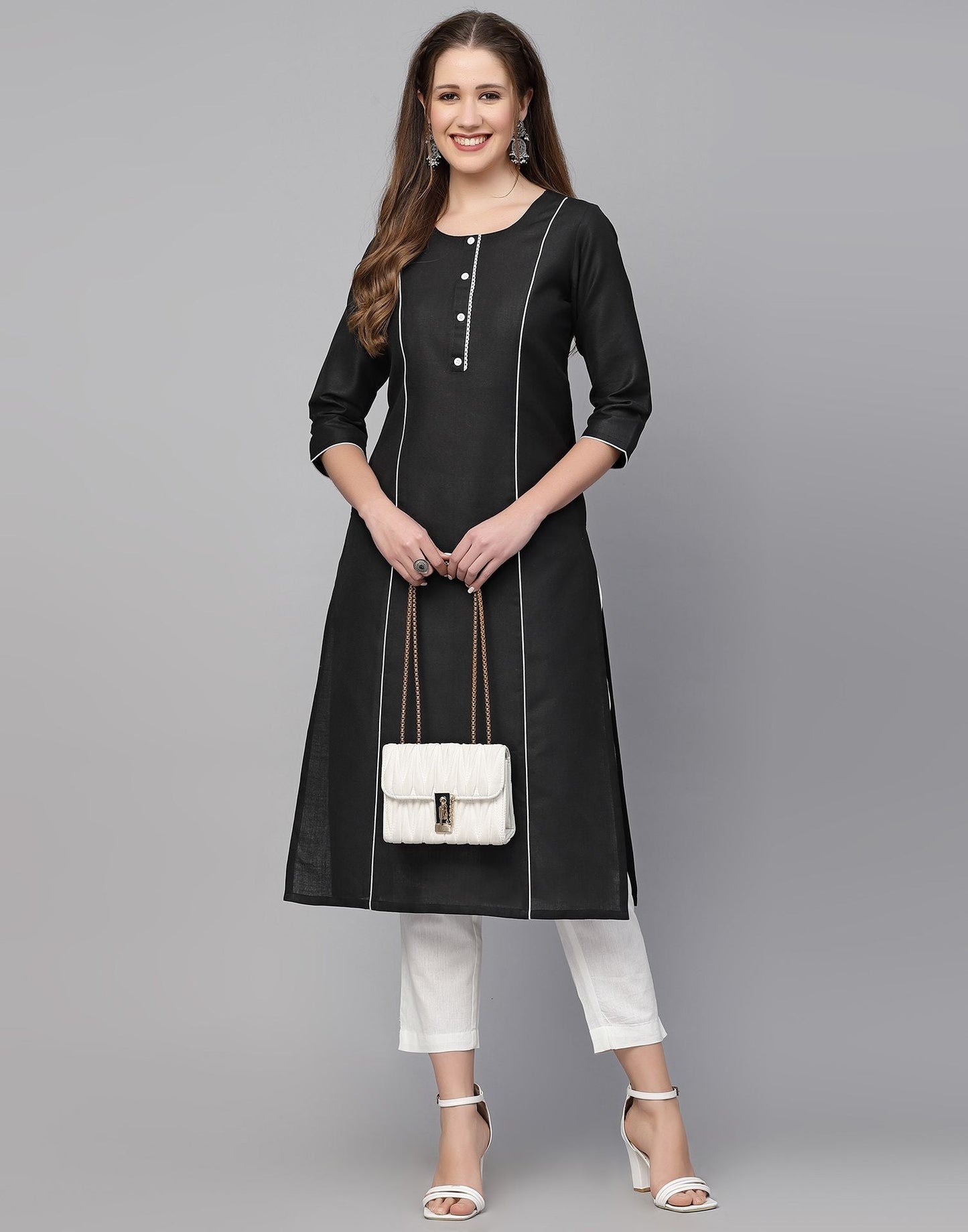 Black Cotton Plain Straight Kurta