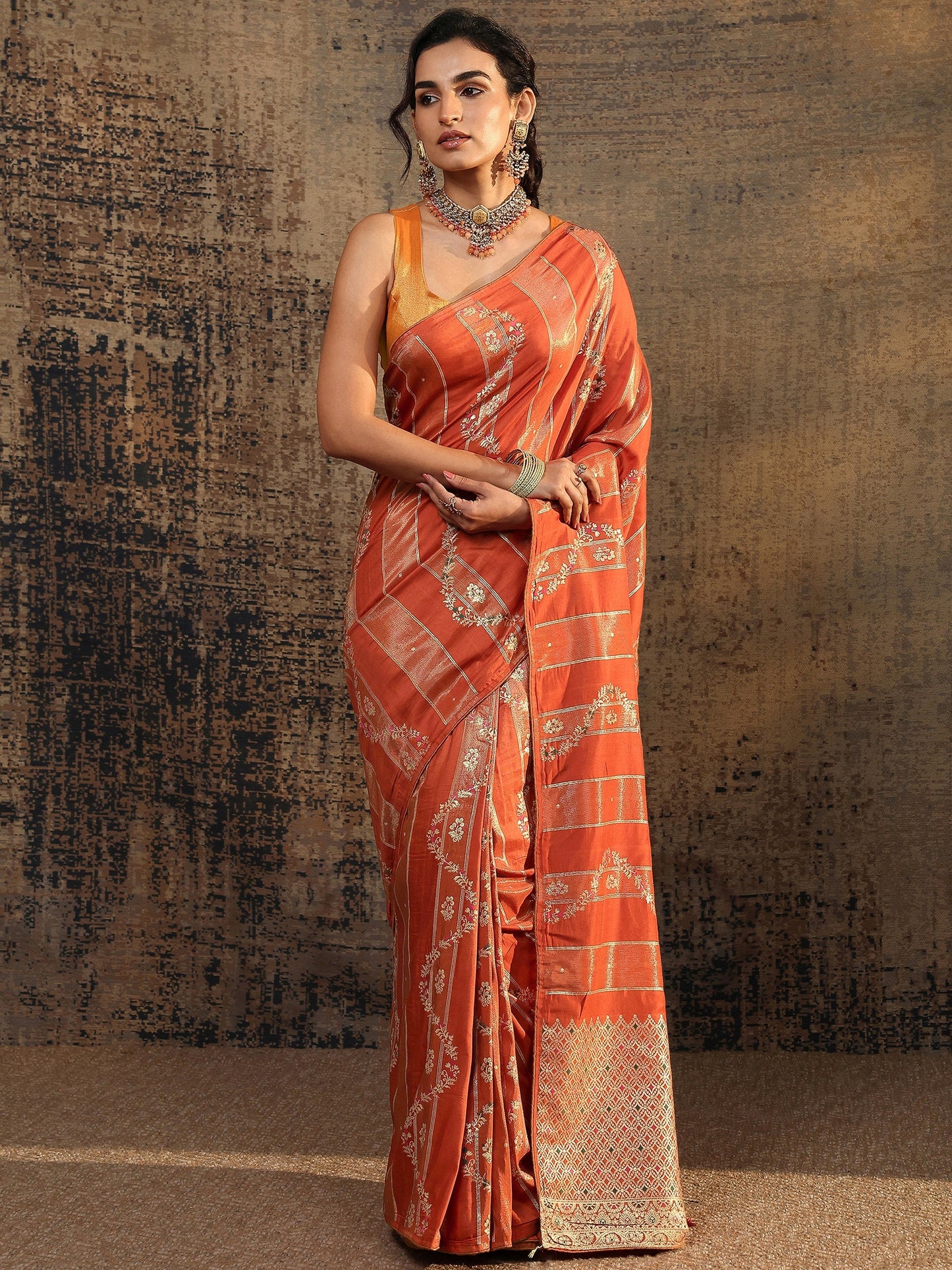 Libas Orange Woven Design Silk Blend Saree With Unstitched Blouse Piece
