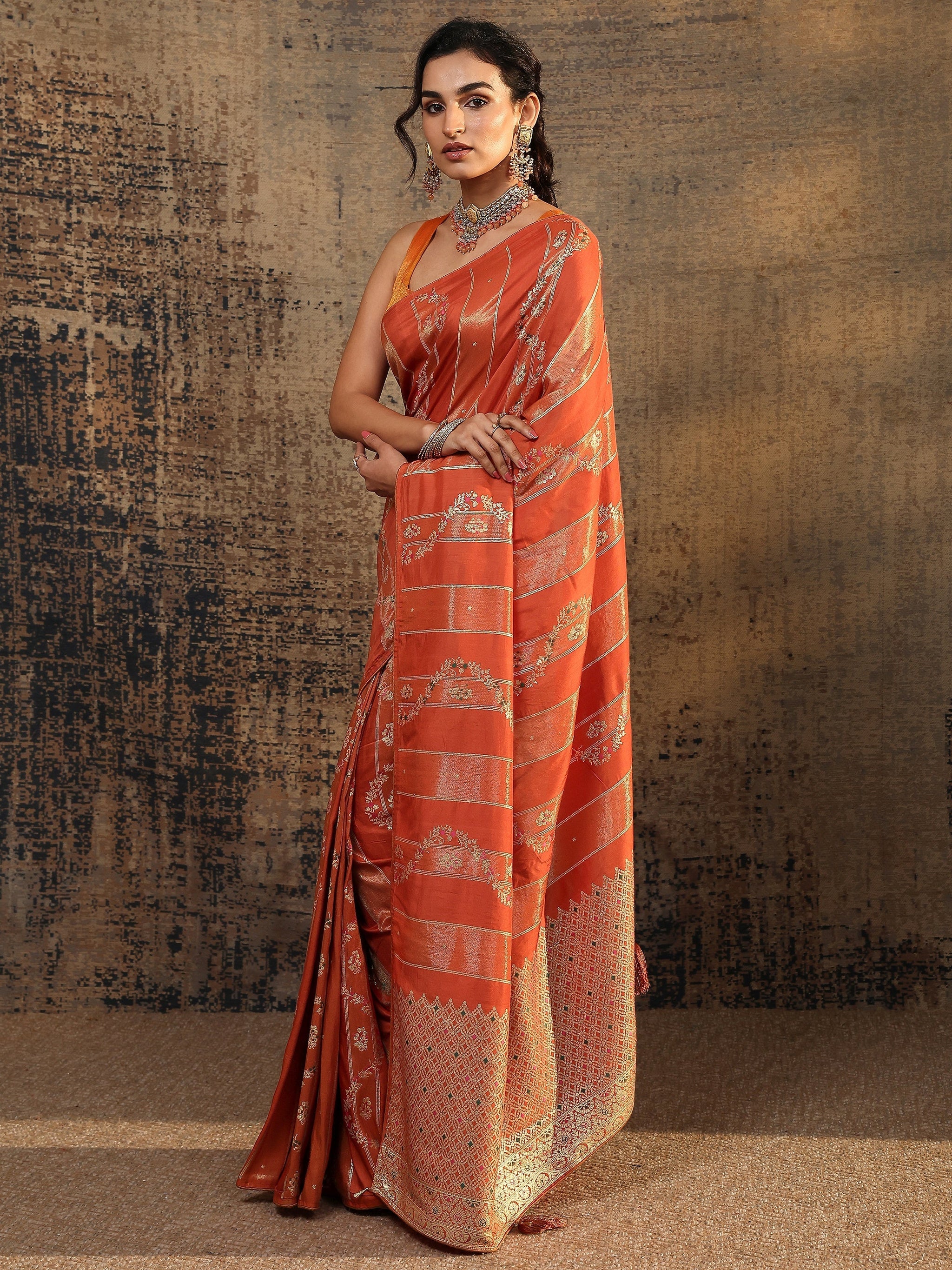 Libas Orange Woven Design Silk Blend Saree With Unstitched Blouse Piece