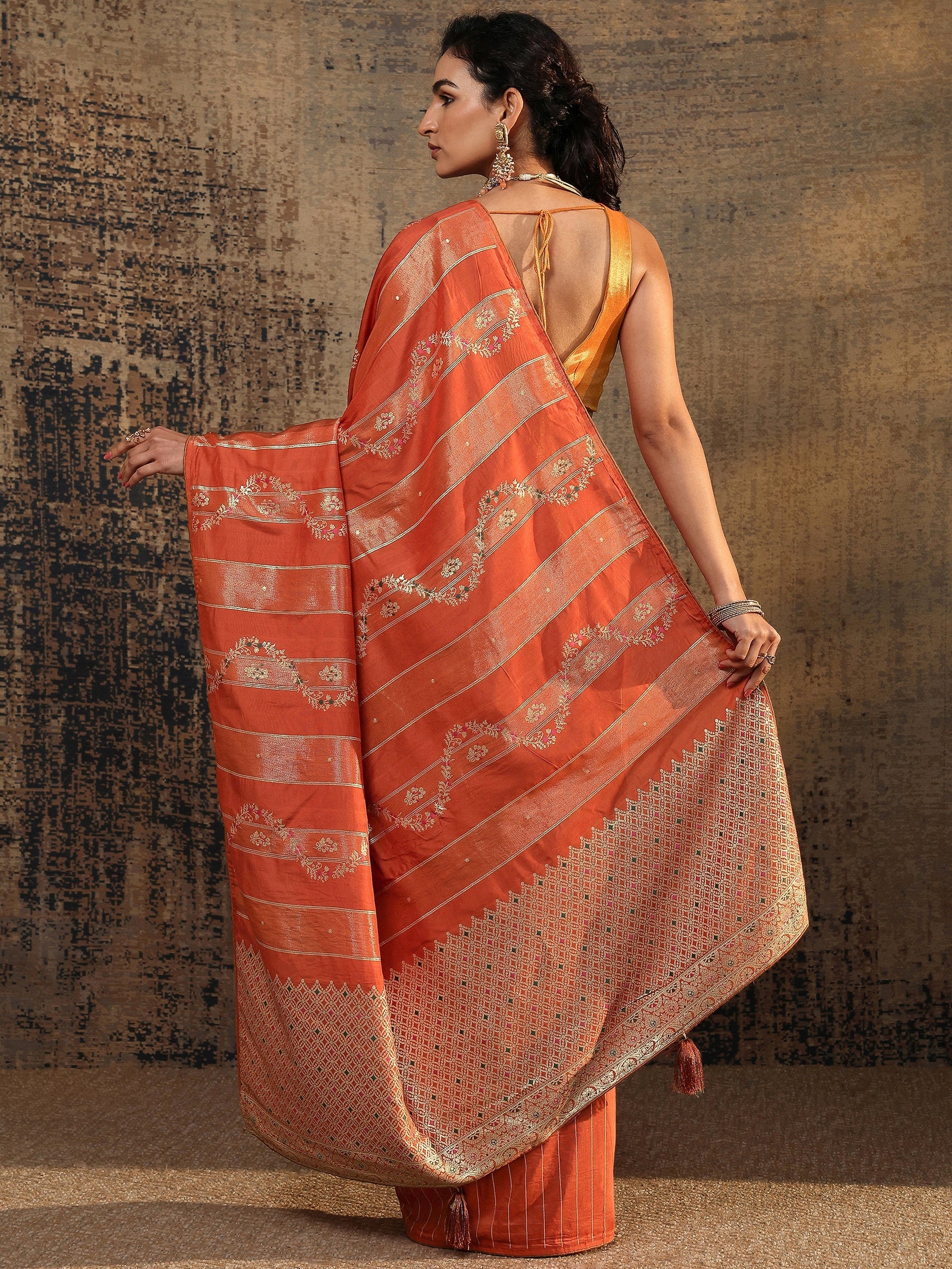 Libas Orange Woven Design Silk Blend Saree With Unstitched Blouse Piece