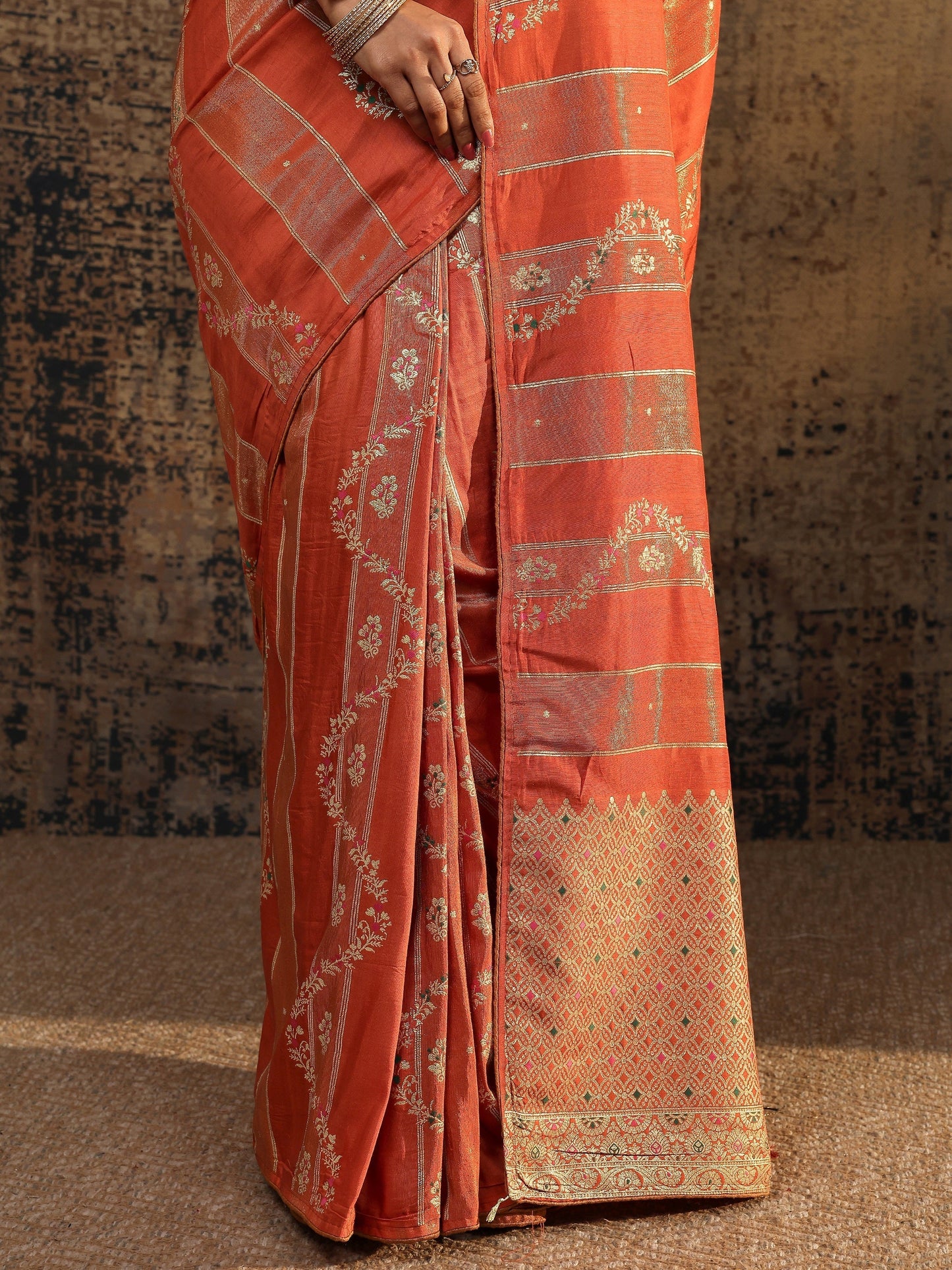 Libas Orange Woven Design Silk Blend Saree With Unstitched Blouse Piece