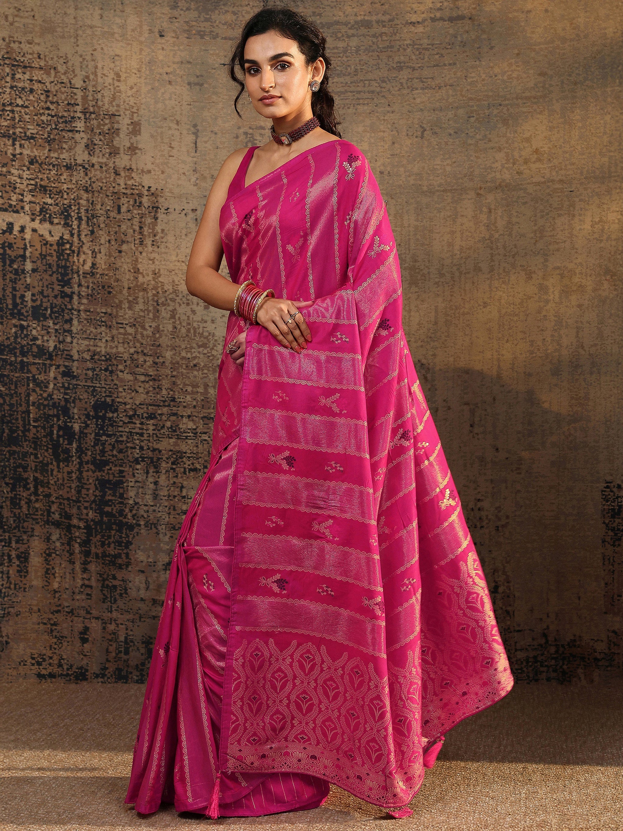 Libas Pink Woven Design Silk Blend Saree With Unstitched Blouse Piece