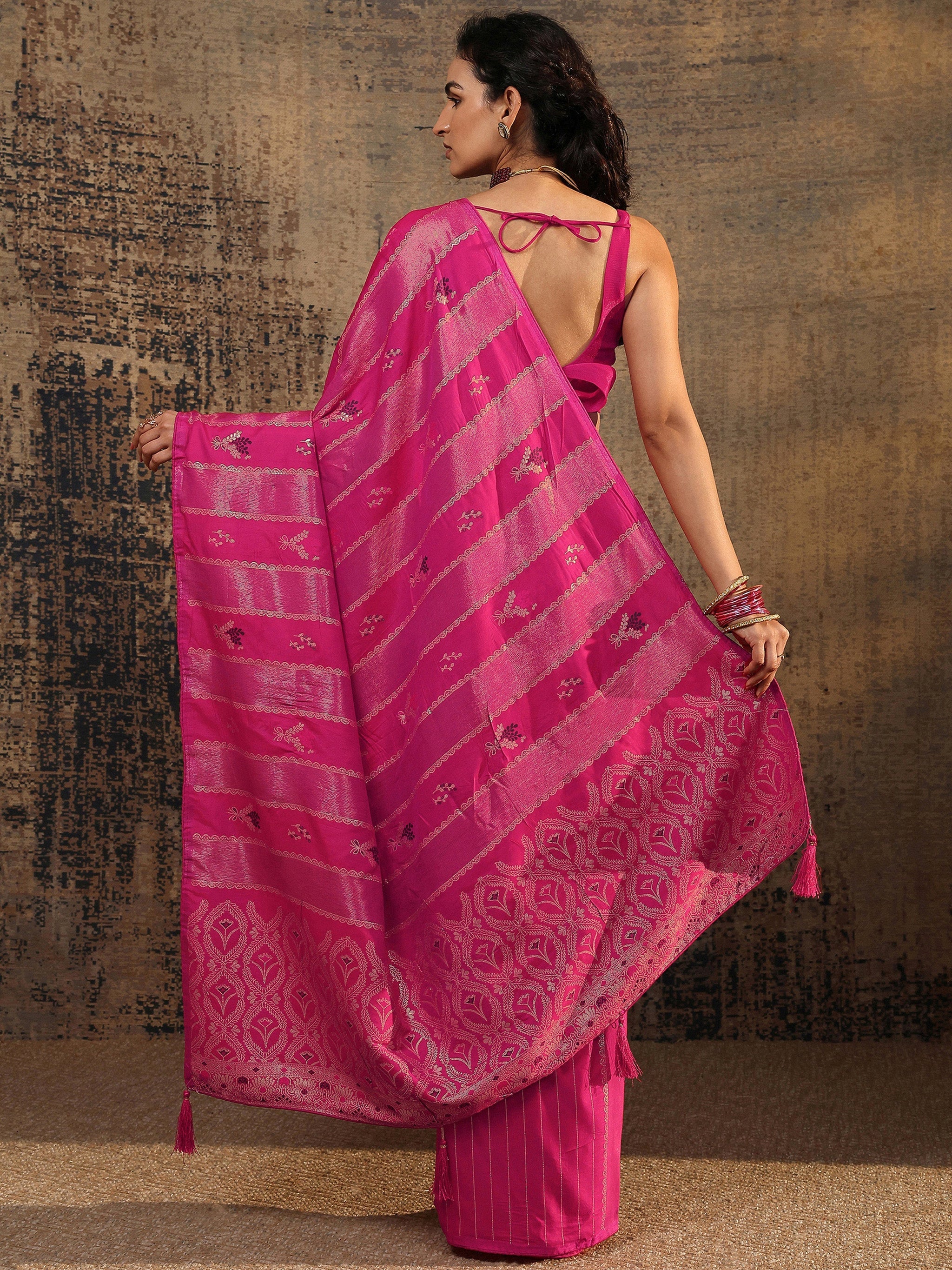 Libas Pink Woven Design Silk Blend Saree With Unstitched Blouse Piece