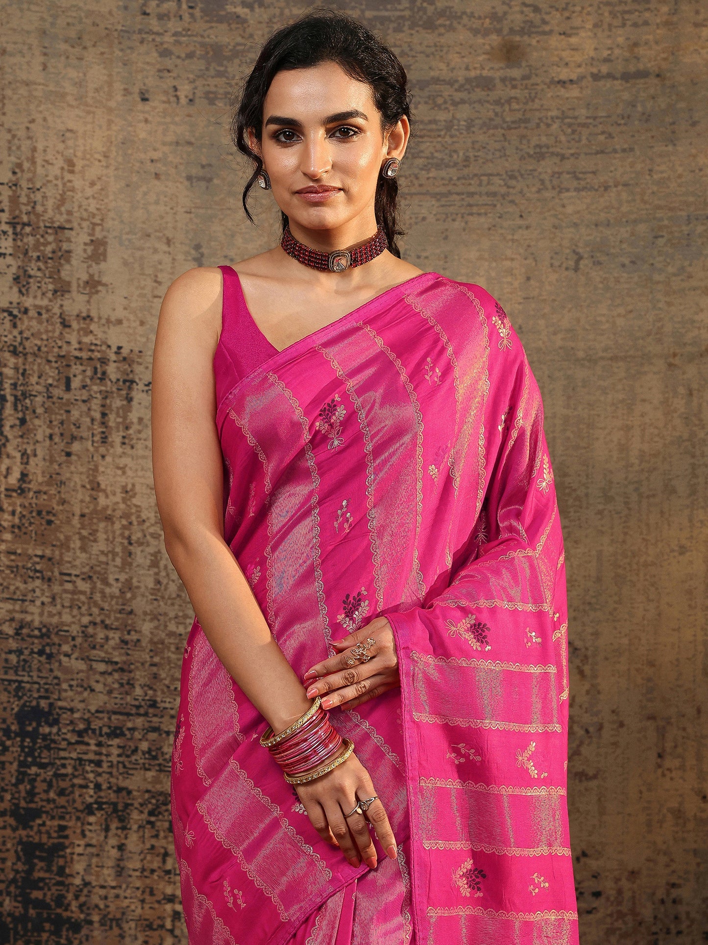 Libas Pink Woven Design Silk Blend Saree With Unstitched Blouse Piece