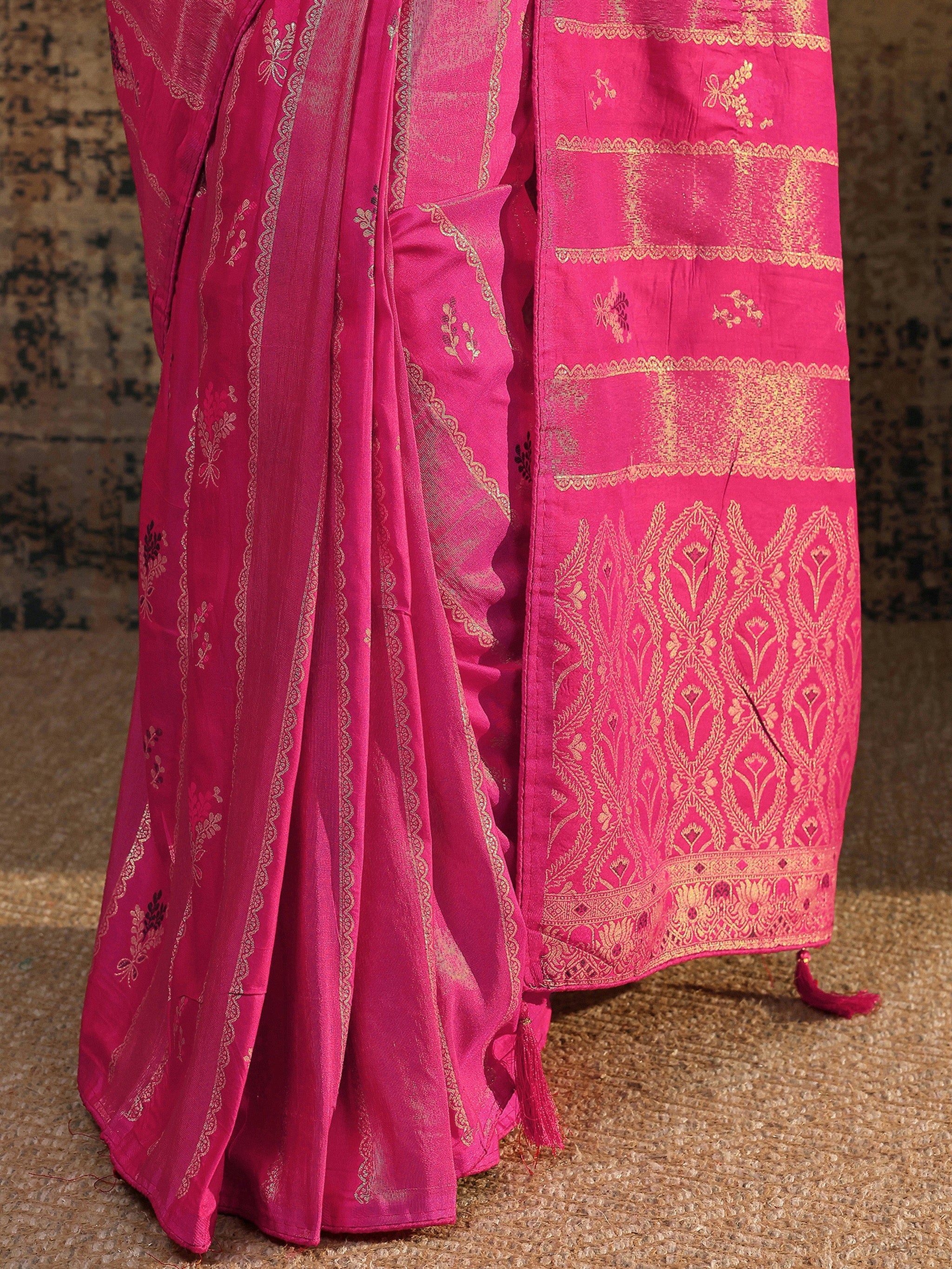 Libas Pink Woven Design Silk Blend Saree With Unstitched Blouse Piece