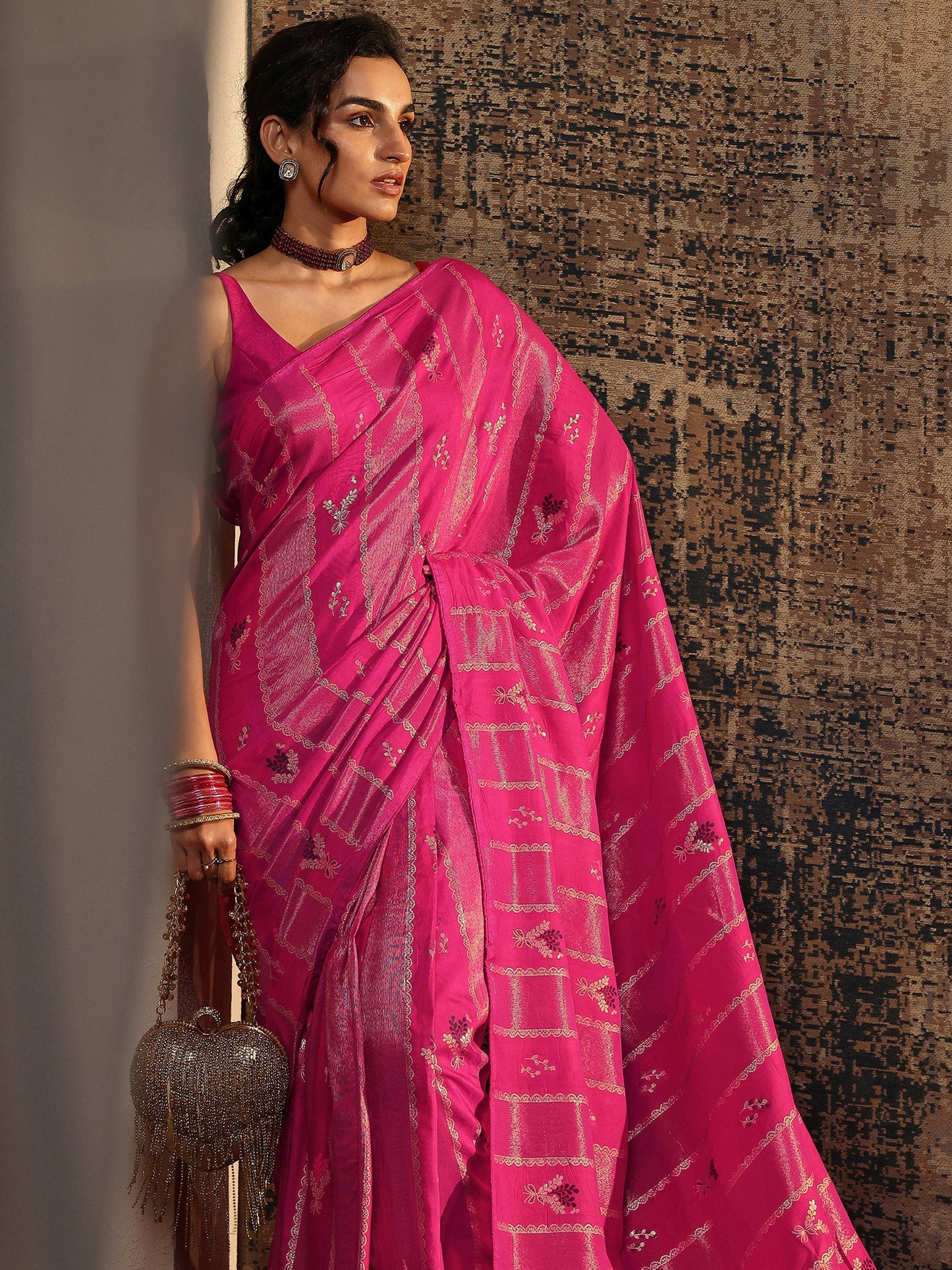 Libas Pink Woven Design Silk Blend Saree With Unstitched Blouse Piece