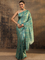 Libas Teal Woven Design Silk Blend Saree With Unstitched Blouse Piece