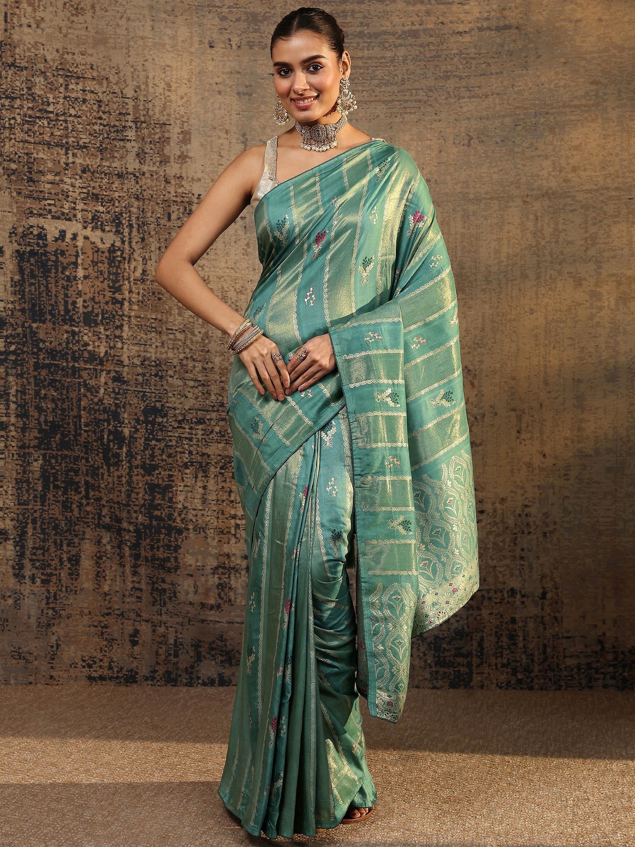 Libas Teal Woven Design Silk Blend Saree With Unstitched Blouse Piece