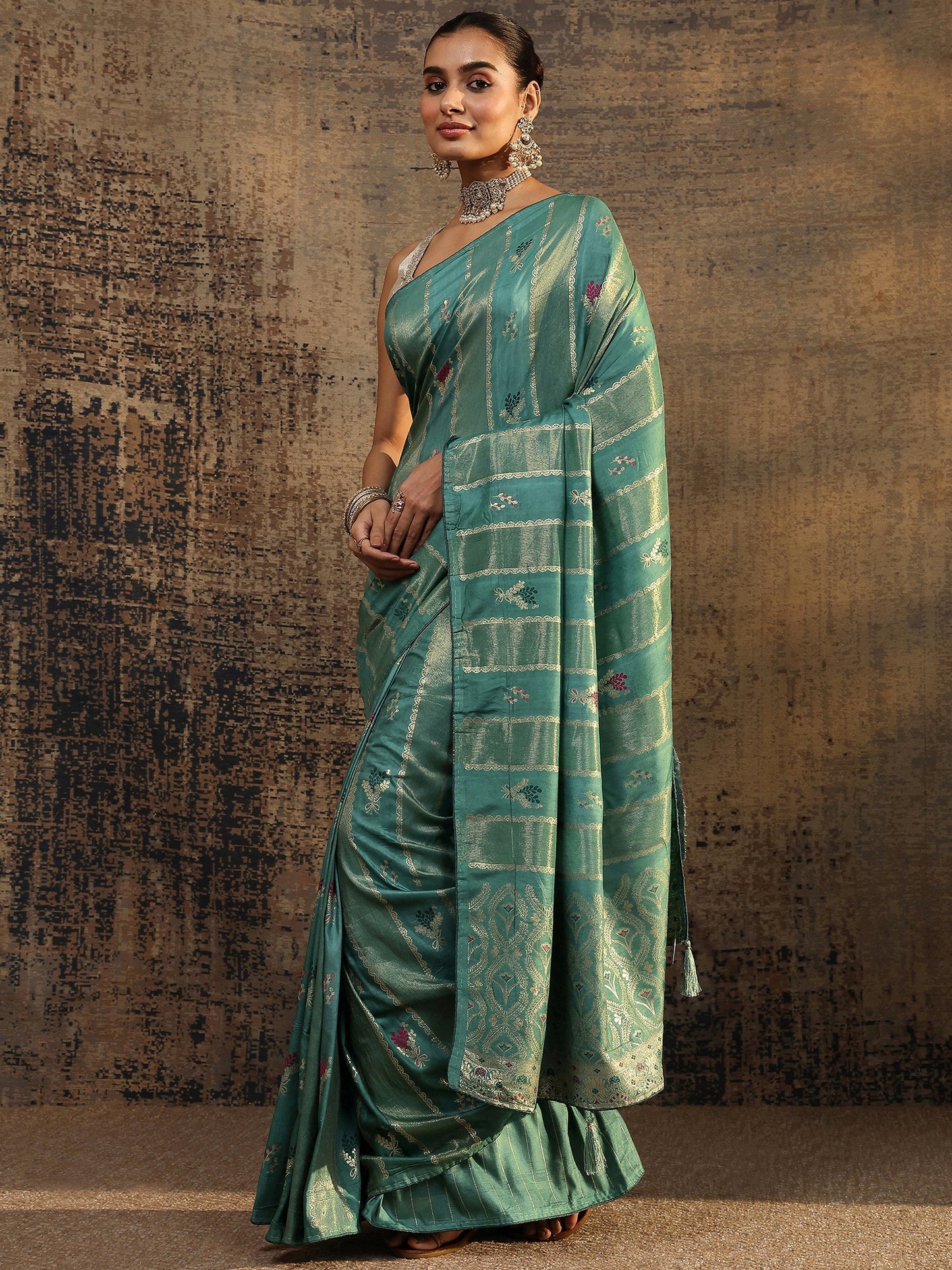 Libas Teal Woven Design Silk Blend Saree With Unstitched Blouse Piece