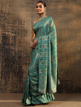 Libas Teal Woven Design Silk Blend Saree With Unstitched Blouse Piece