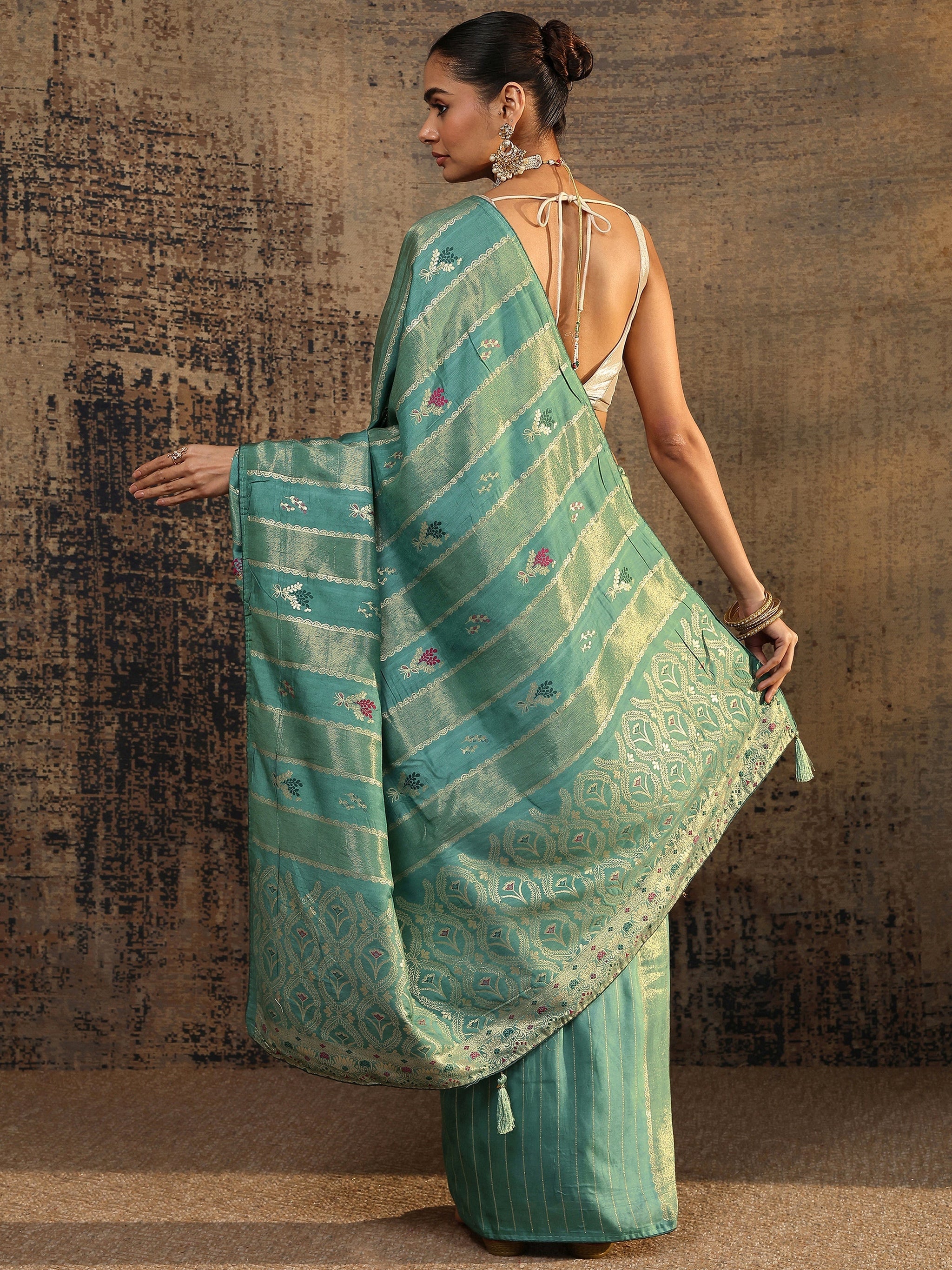 Libas Teal Woven Design Silk Blend Saree With Unstitched Blouse Piece