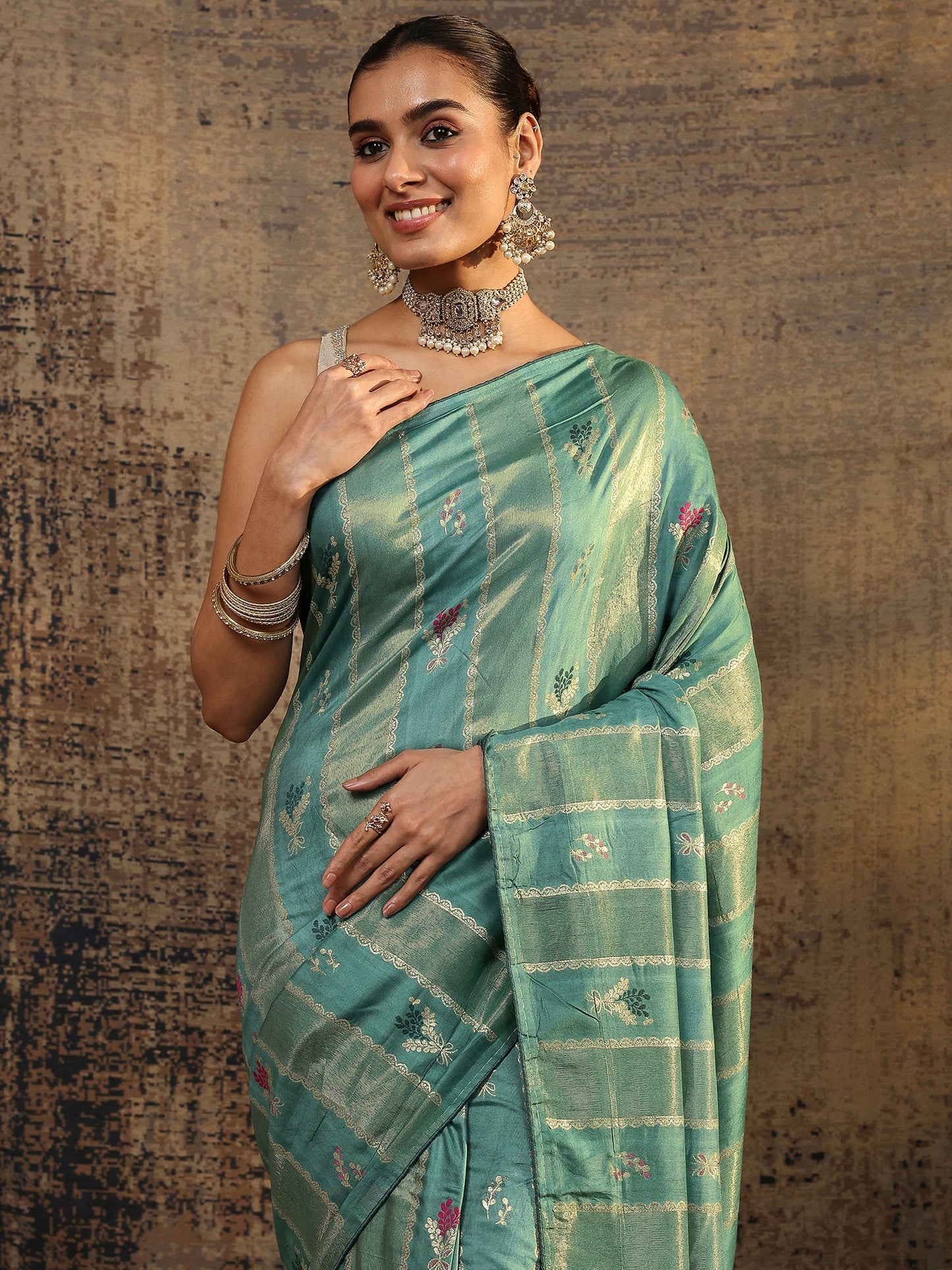 Libas Teal Woven Design Silk Blend Saree With Unstitched Blouse Piece