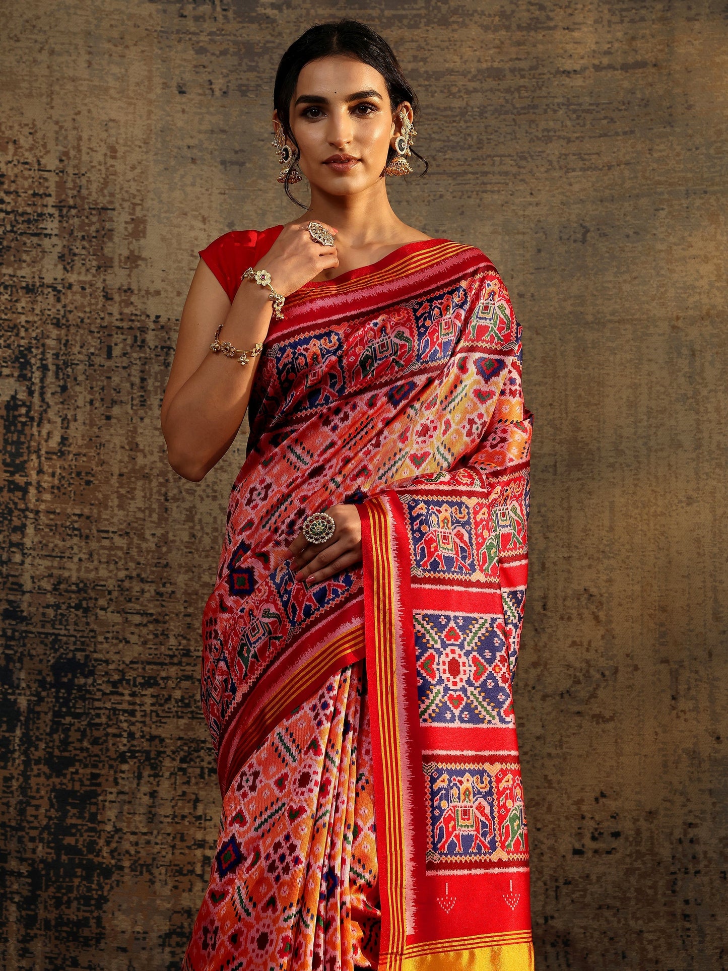 Libas Mustard Abstract Printed Silk Saree With Unstitched Blouse Piece