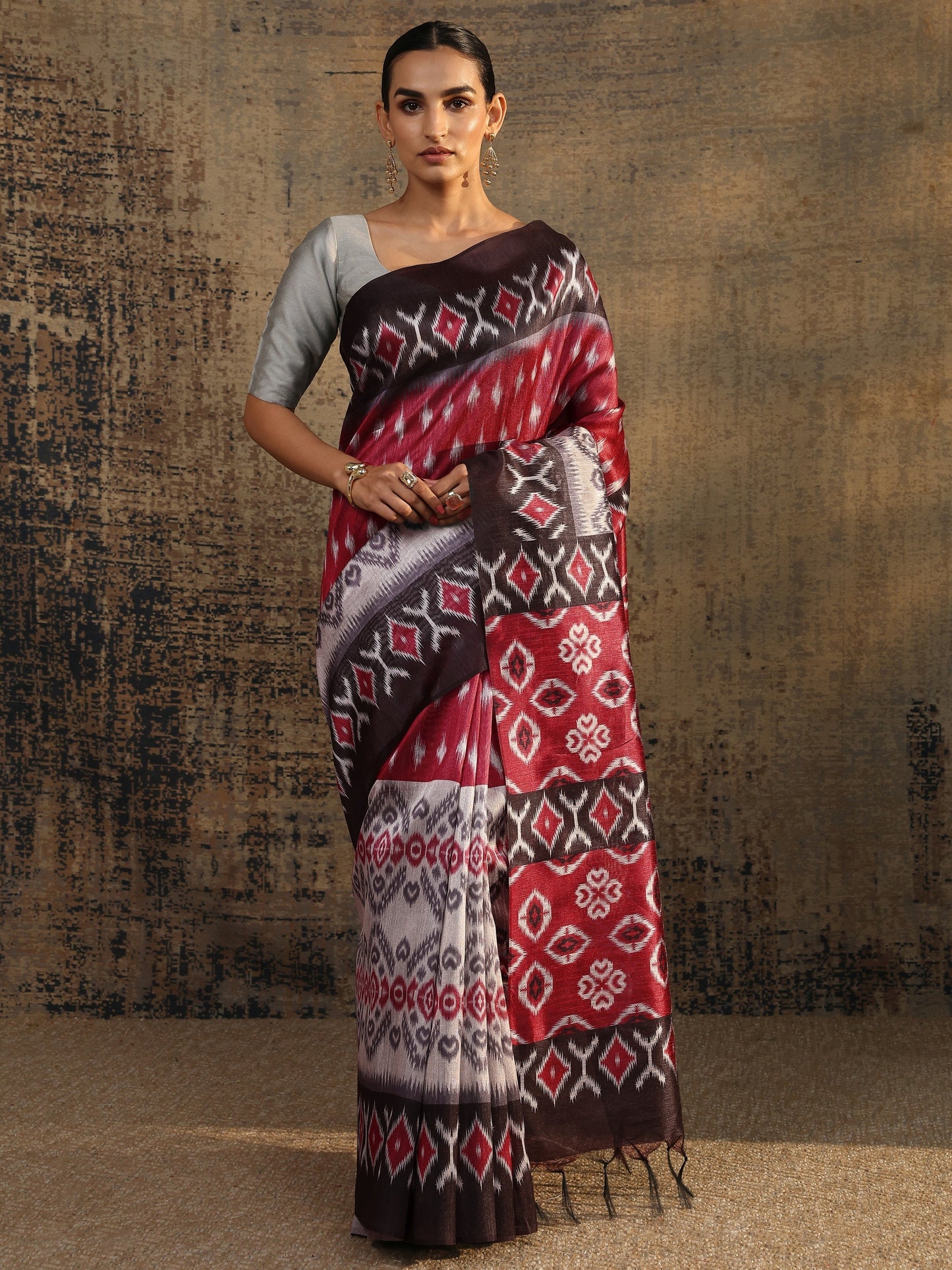 Libas Red Printed Silk Saree With Unstitched Blouse Piece