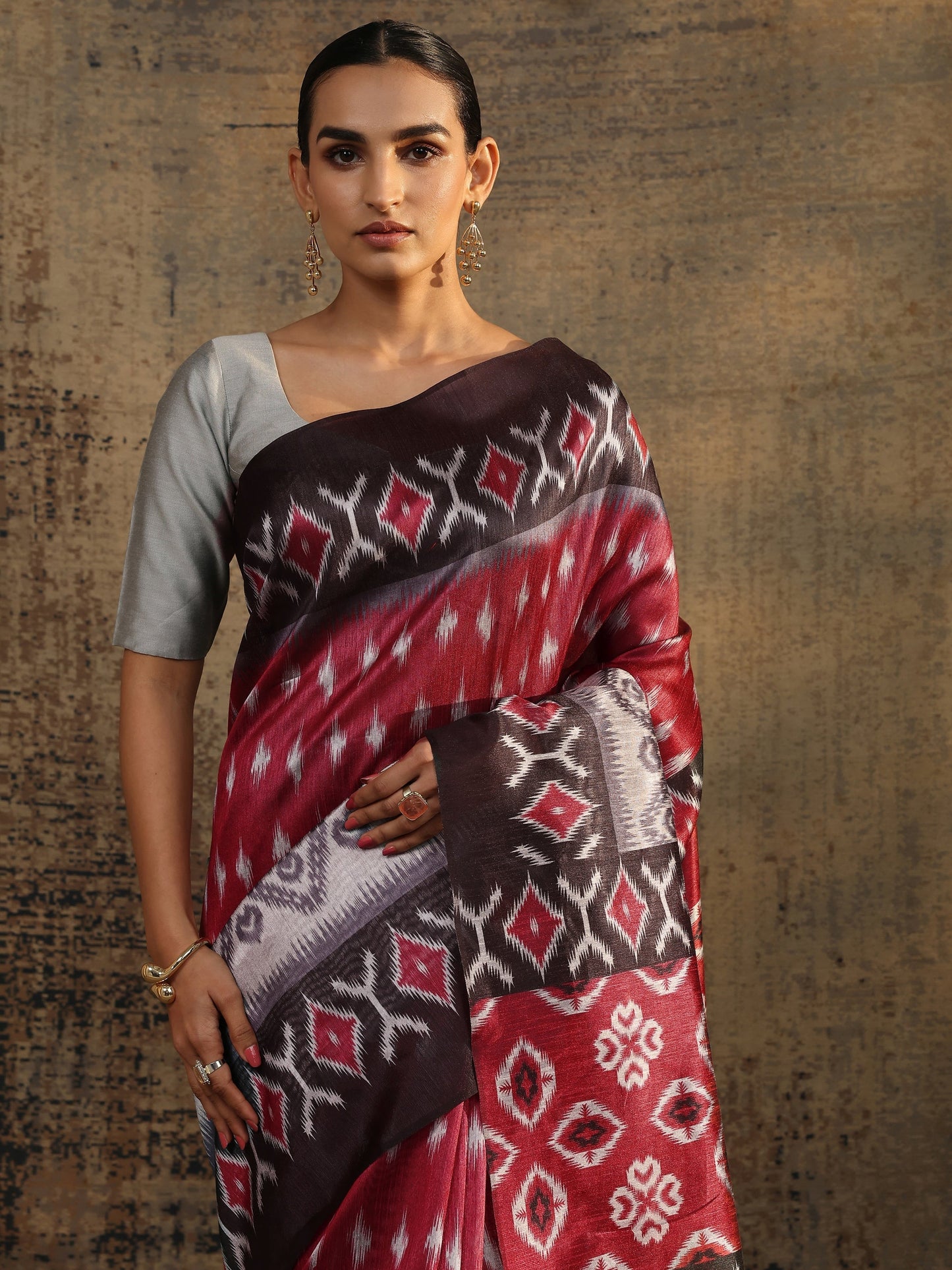 Libas Red Printed Silk Saree With Unstitched Blouse Piece
