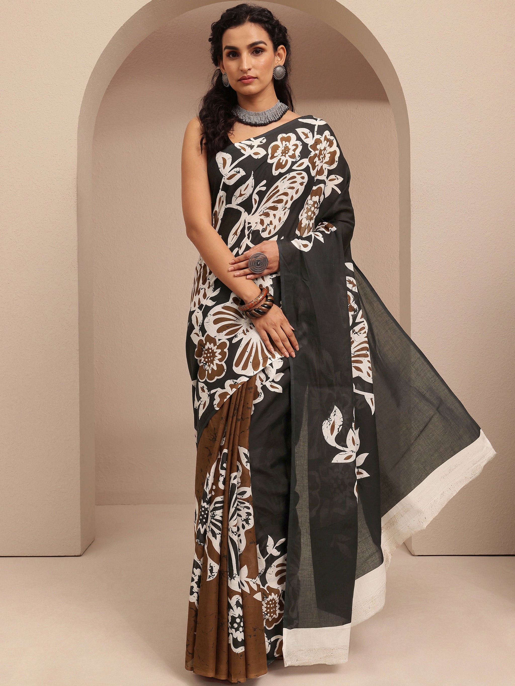 Libas Black Printed Cotton Saree With Unstitched Blouse Piece