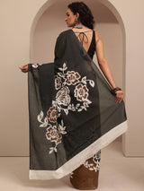 Libas Black Printed Cotton Saree With Unstitched Blouse Piece