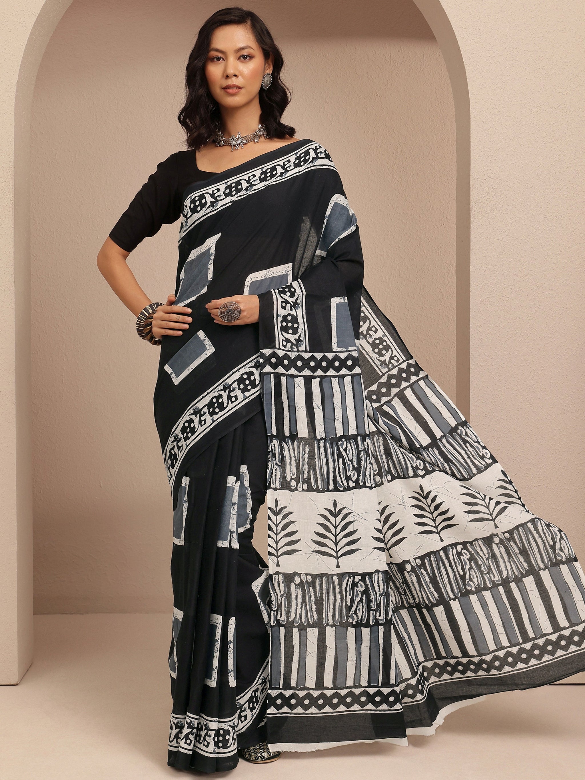 Libas Black Block Printed Cotton Saree With Unstitched Blouse Piece