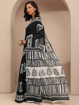 Libas Black Block Printed Cotton Saree With Unstitched Blouse Piece
