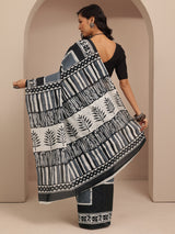 Libas Black Block Printed Cotton Saree With Unstitched Blouse Piece
